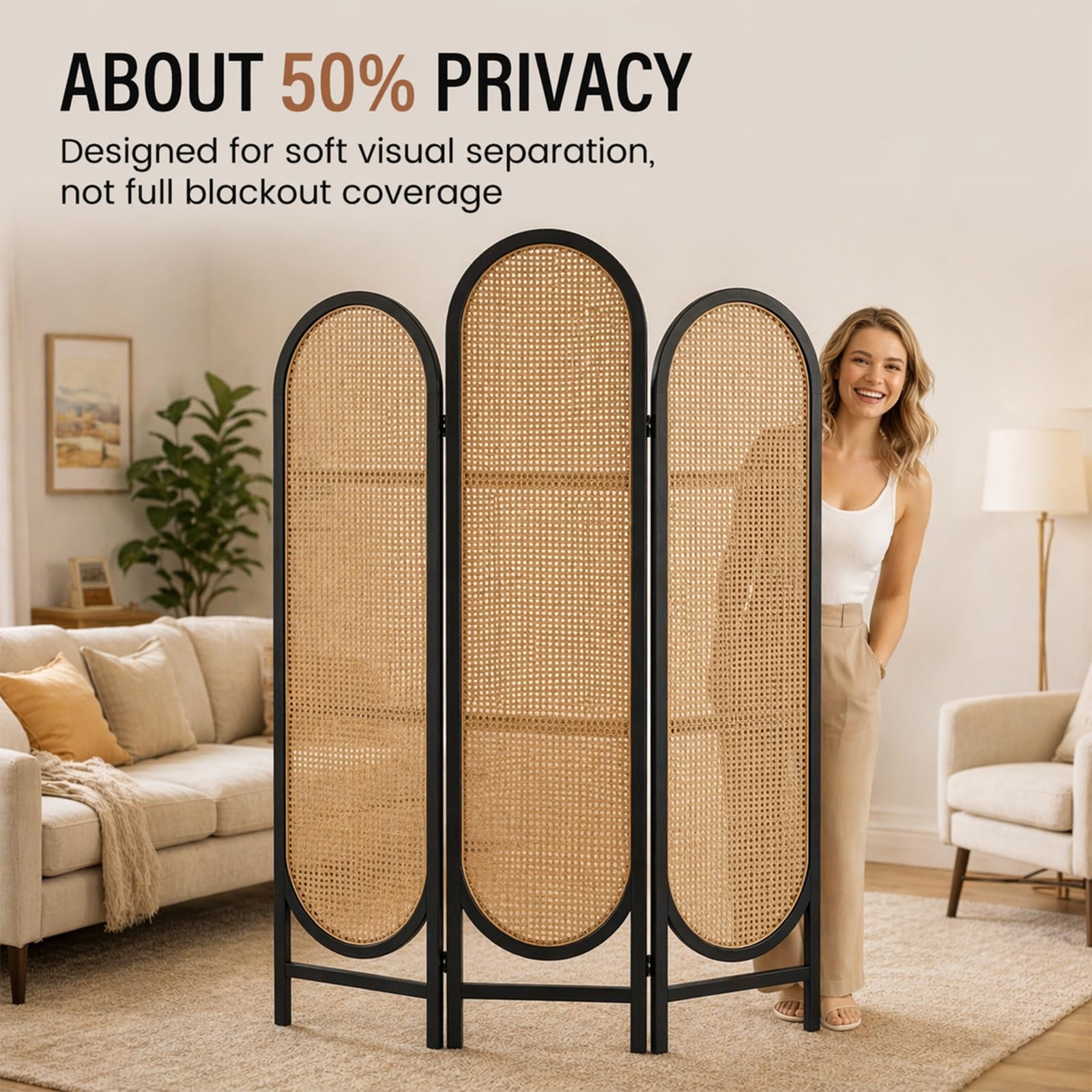 Hand-Woven Rattan Room Divider 3 Panels, 5.9 Ft Tall Wood Room Divider Panel, Partition Screen Divider Wall, Folding Privacy Screen, Wall Divider for Room Separation Home Office - Black