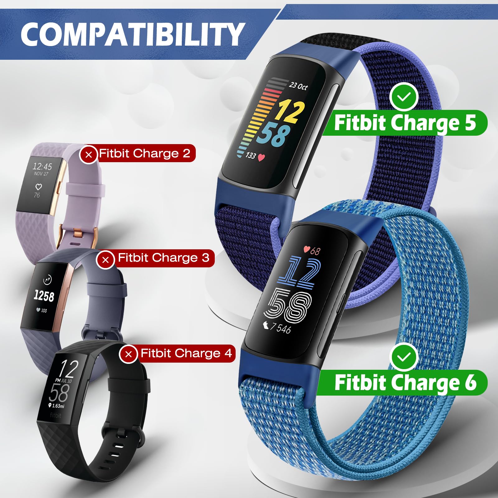 Sport Loop Nylon Watch Bands Compatible with Fitbit Charge 6/5, Adjustable Breathable Replacement Soft Nylon Loop Wristband for Women/Men