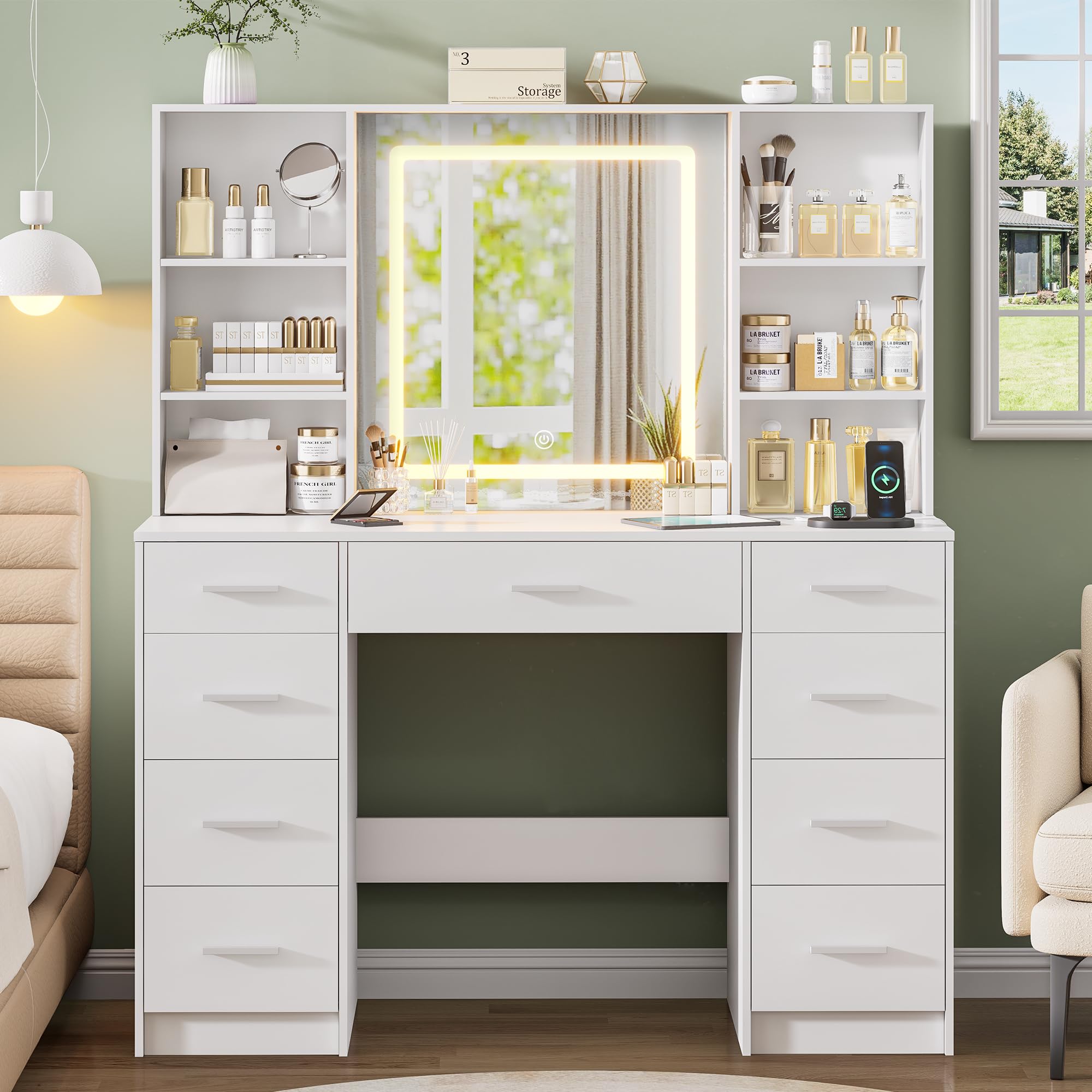 Vanity Desk with Lighted Mirror, Black Vanity with 4 Drawers,Makeup Vanity with Storage Shelves and Power Outlet,10 Lights with 3 Color Modes Brightness Adjustable for Girls’ Bedroom (Black)
