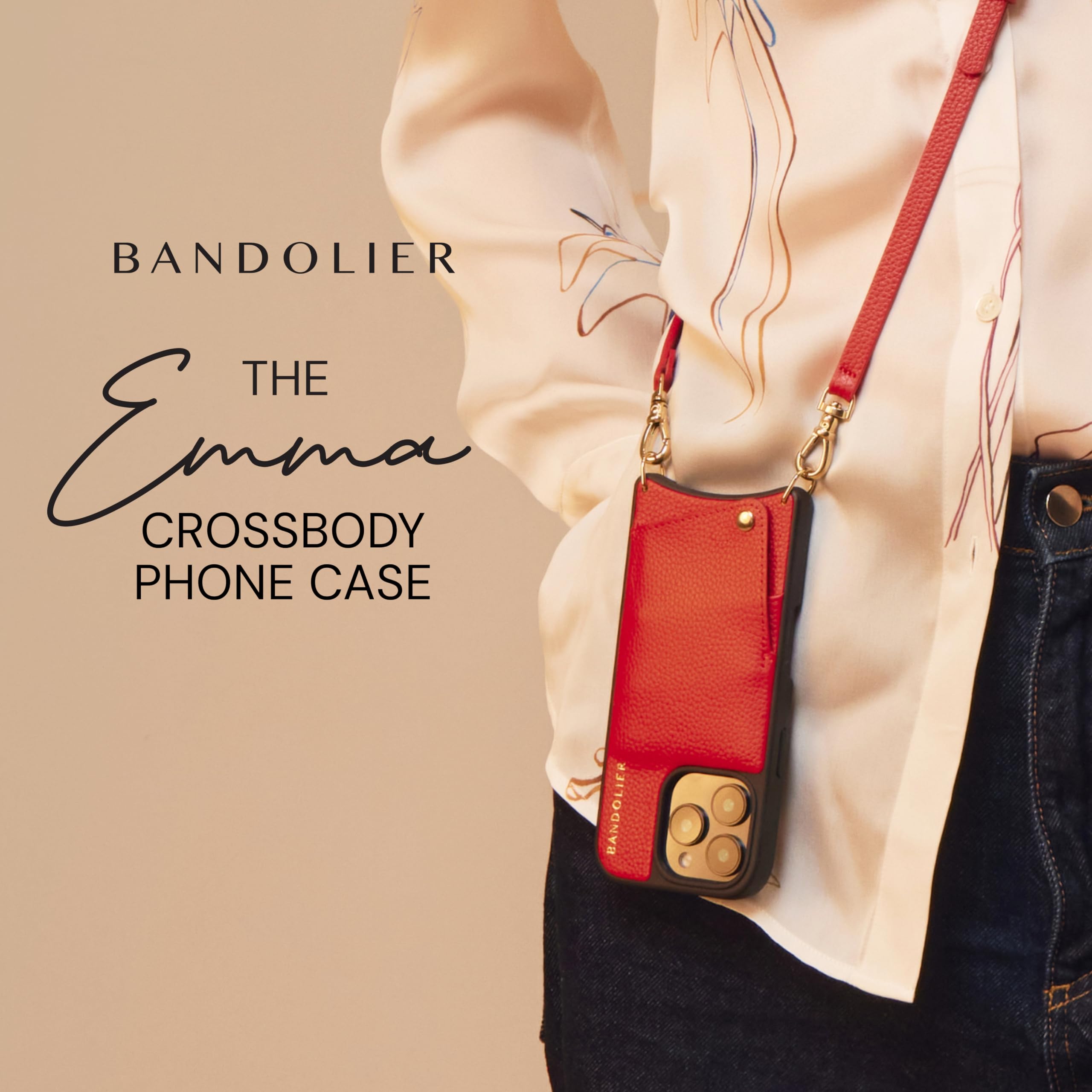 Bandolier Emma Crossbody Wallet Phone Case for iPhone 15 Pro Max. 100% Genuine Pebble Leather. Adjustable & Removable Crossbody Strap. Card Holder with Snap Closure. Black with Gold Hardware