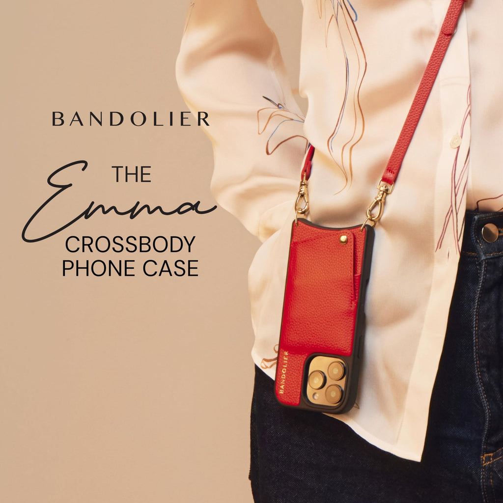 Bandolier Emma Crossbody Wallet Phone Case for iPhone 15 Pro Max. 100% Genuine Pebble Leather. Adjustable & Removable Crossbody Strap. Card Holder with Snap Closure. Black with Gold Hardware