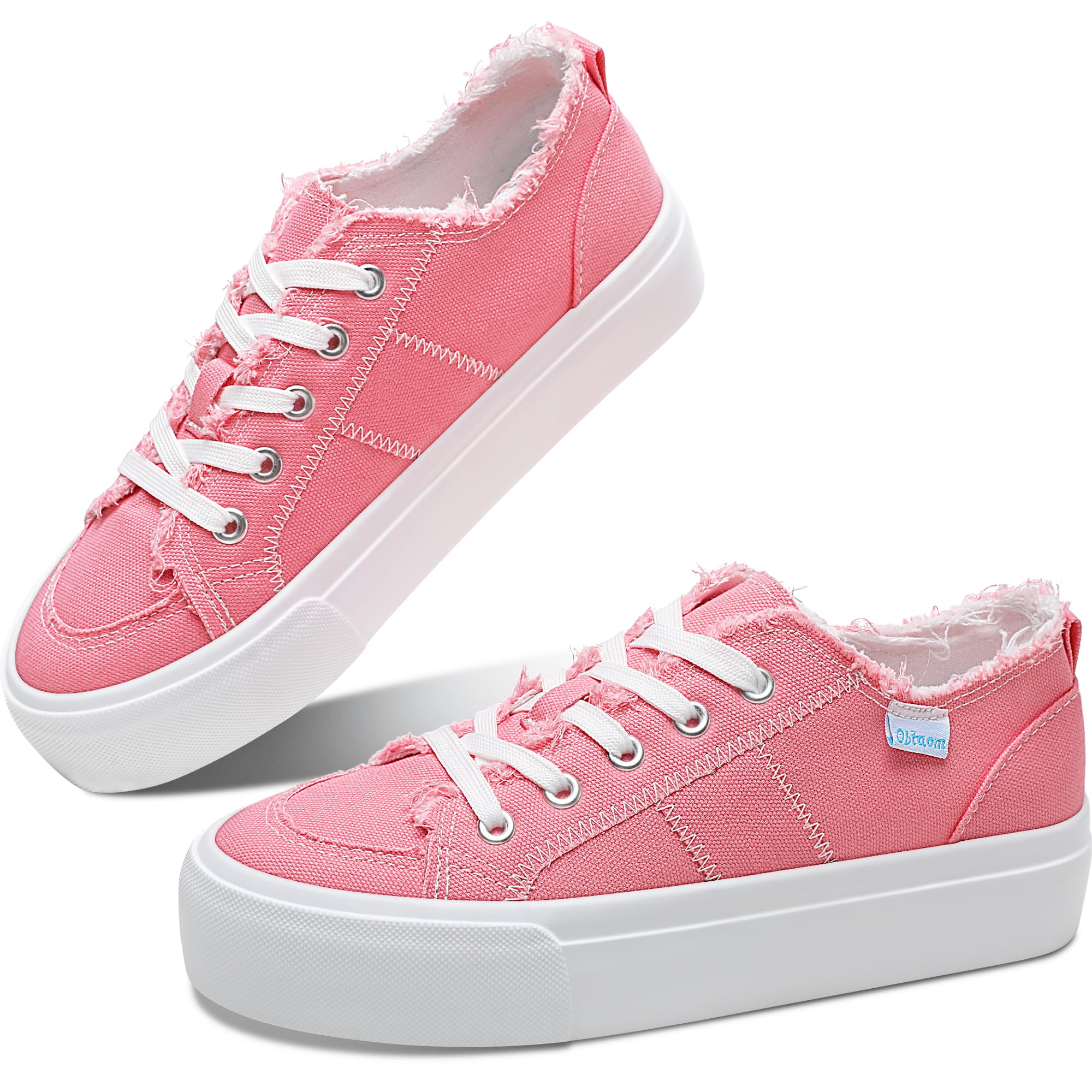 Obtaom Women Platform Canvas Sneakers White Comfort Play Fashion Sneakers Casual Lift Platform Lace Up Shoes Cute Low Top Walking Shoes for Lady