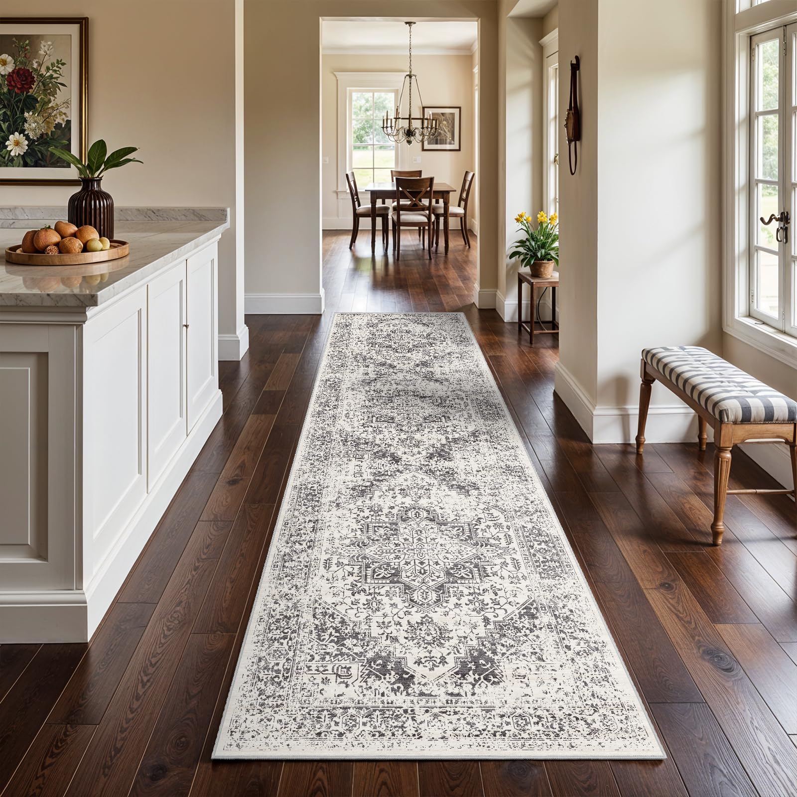 2x5 Washable Kitchen Runner Rug - Soft Low Pile Floral Animal Cat Print Rugs with Non-Slip Backing Waterproof Stain-Resistant Indoor Carpet for Hallway Entryway Bathroom Bedroom (Black)