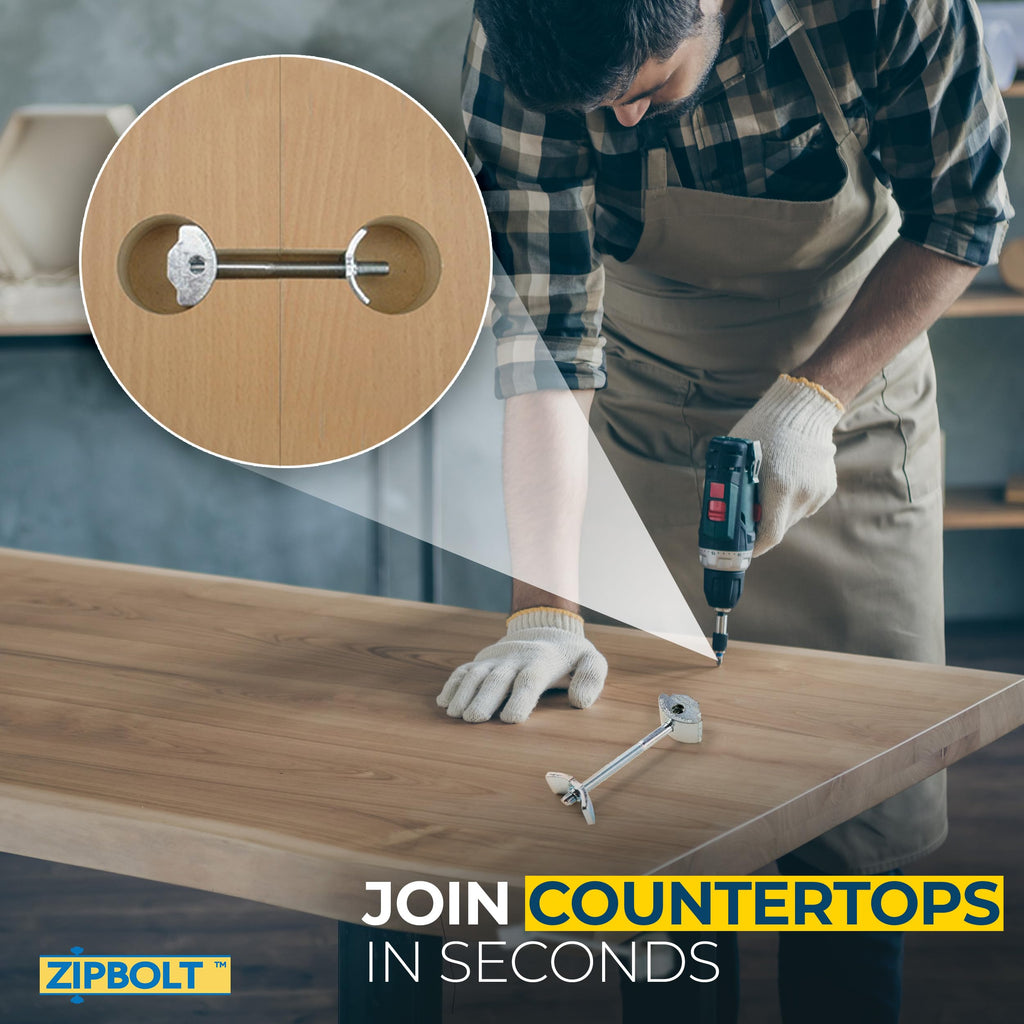 Zipbolt 10.800 Countertop Miter Connector — 20 Piece Joint Fastener Drawbolt Pack with 5mm Hex Bit for Joining Countertops, Butcher Blocks, Furniture, and More - Single-Handed Tightening