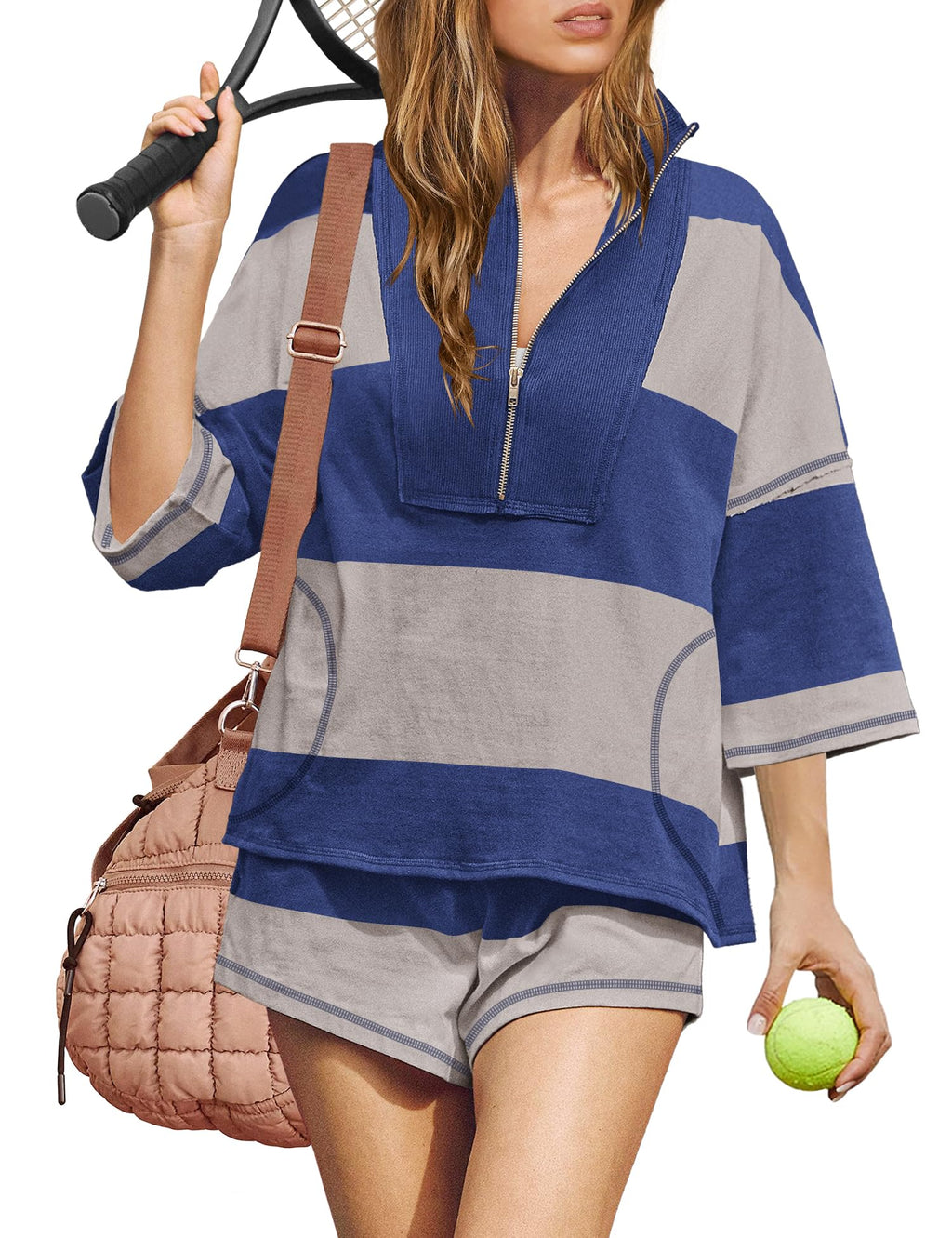 ReachMe Womens Workout Striped Short Sets 2 Piece Outfits Summer Matching Lounge Sets Top and Shorts with Pockets