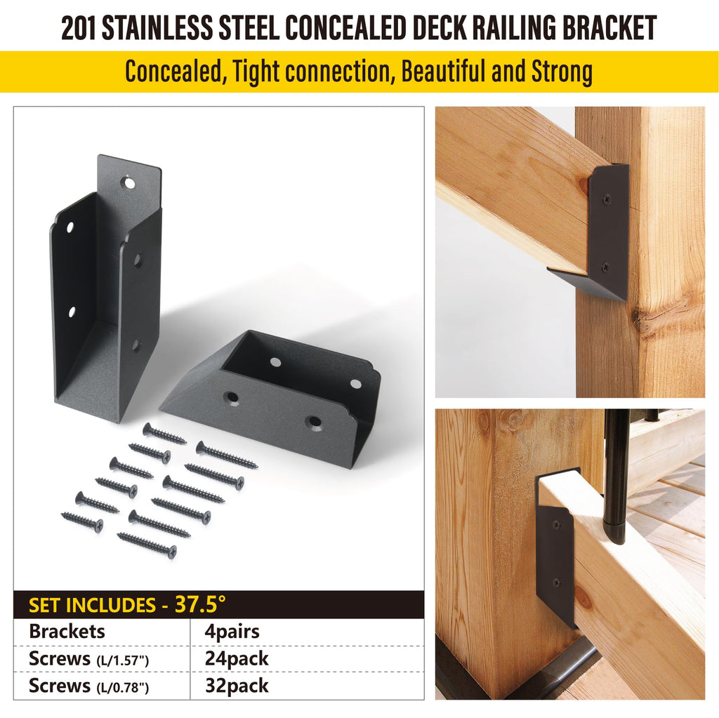 AECXM 201 Stainless Steel 2" x 4" (1 ½" x 3 ½" Actual) Deck Railing 27.5° Stair Connectors, for Deck Railing Stair Handrail Connection Installation Deck Railing Bracket (4 Pair-Black)