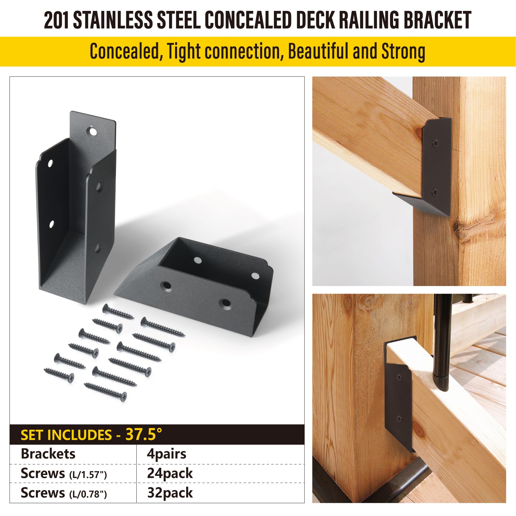 AECXM 201 Stainless Steel 2" x 4" (1 ½" x 3 ½" Actual) Deck Railing 27.5° Stair Connectors, for Deck Railing Stair Handrail Connection Installation Deck Railing Bracket (4 Pair-Black)