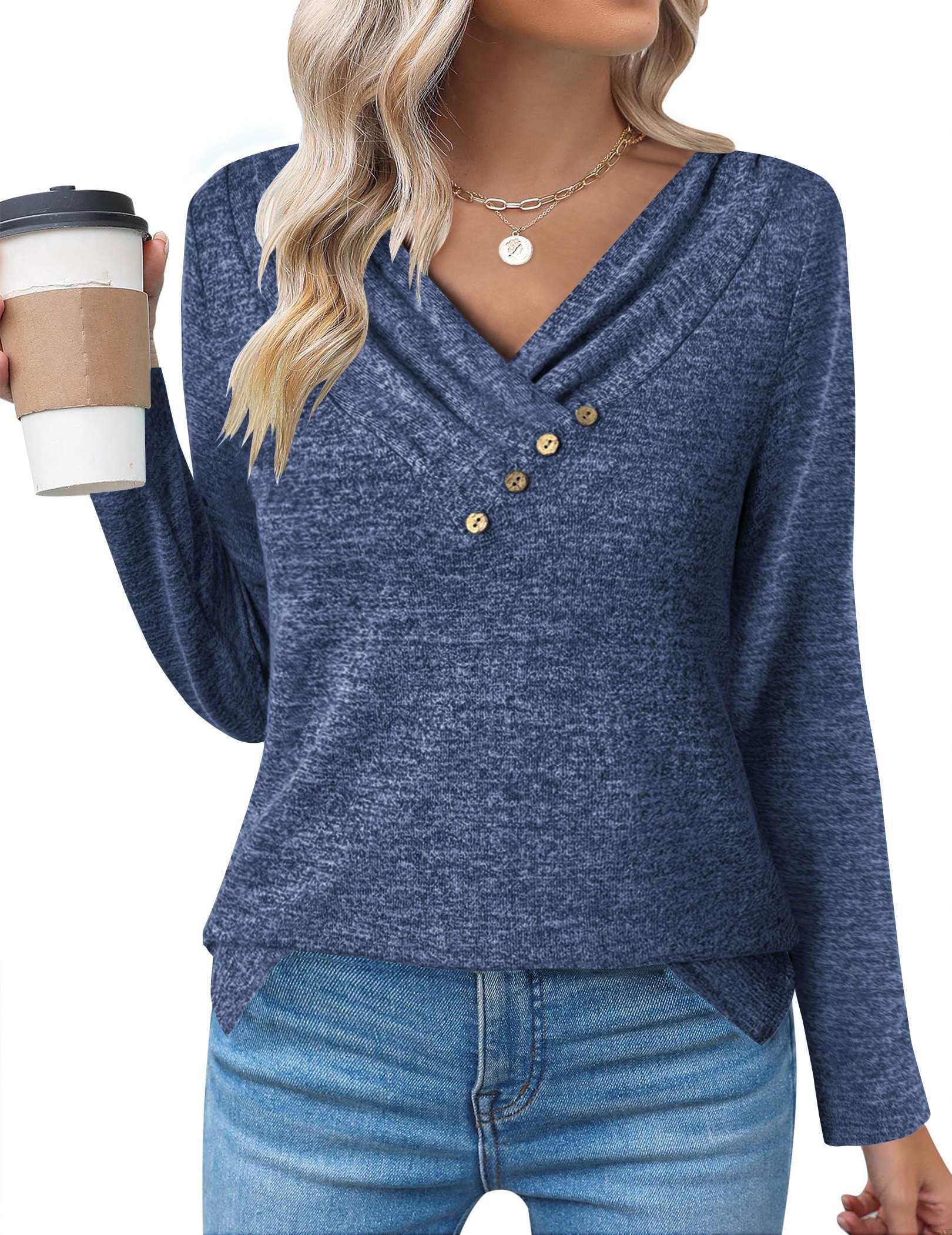 Zeagoo Women's Casual Tunic Tops Long Sleeve Shirts for Leggings V Neck Button Fall Pullover Blouse Loose Sweatshirts