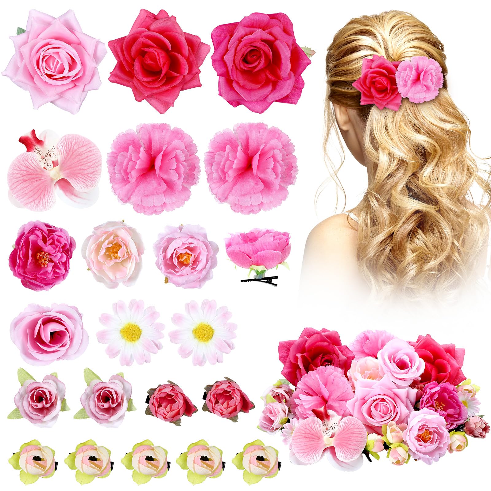 BBTO Flower Hair Clip Rose Hair Clips Barrettes for Women Flower Accessories Boho Bride Claw Clip Hairpin Brooch Pin Headpiece for Wedding(Beige Orange Series,21 Pcs)