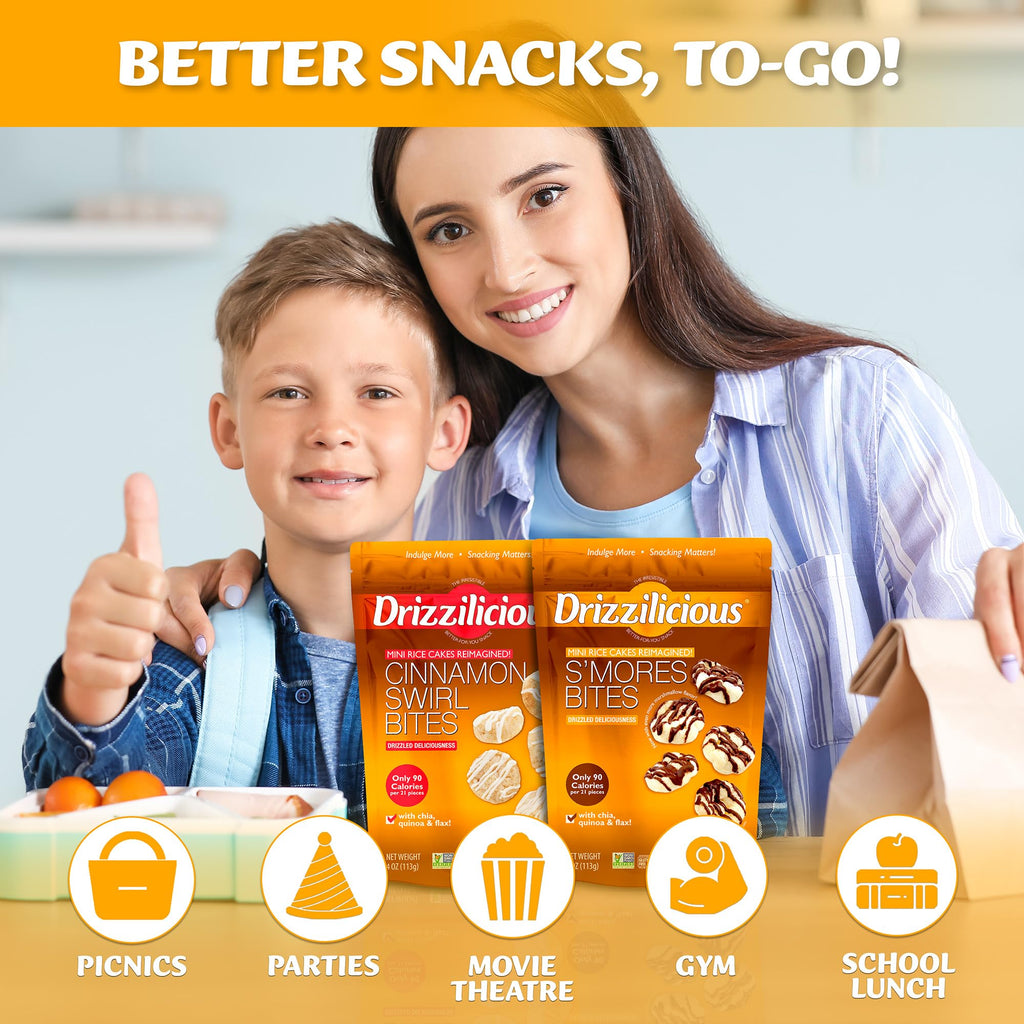 Drizzilicious Mini Flavored Rice Cakes - Rice Crisps, Healthy Snack for Adults and Kids, Vegan, Gluten Free Snack, 90 Calories Per 21 Pieces, S'mores & Cinnamon Swirl - 4 oz (Pack of 6)