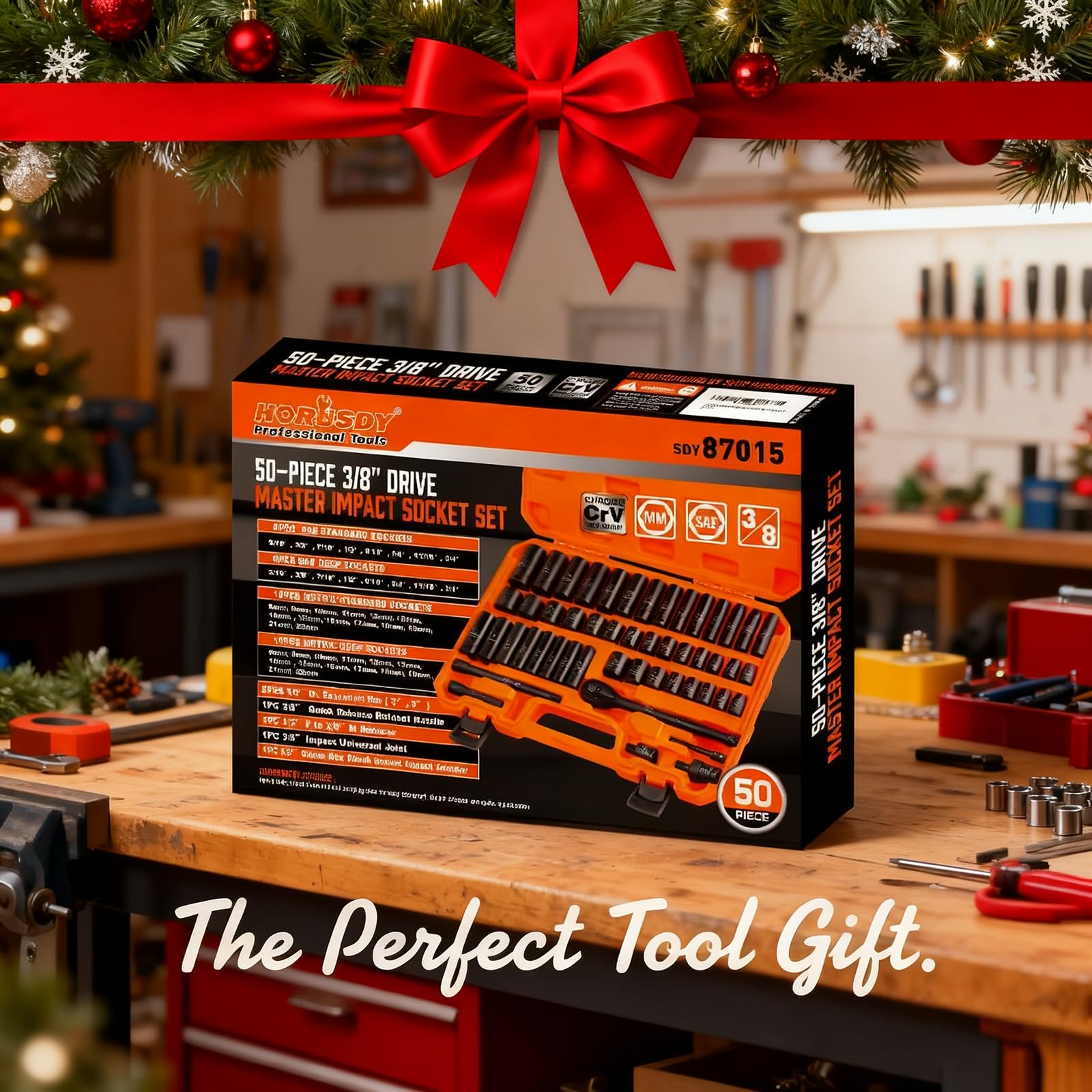 HORUSDY 1/2" Drive Shallow Impact Socket Set, 24-Piece SAE (7/16"-1") and Metric (13-24mm), 6 Point, Cr-V, Includes 1/2-Inch Drive Ratchet Handle, Drive Extension Bar