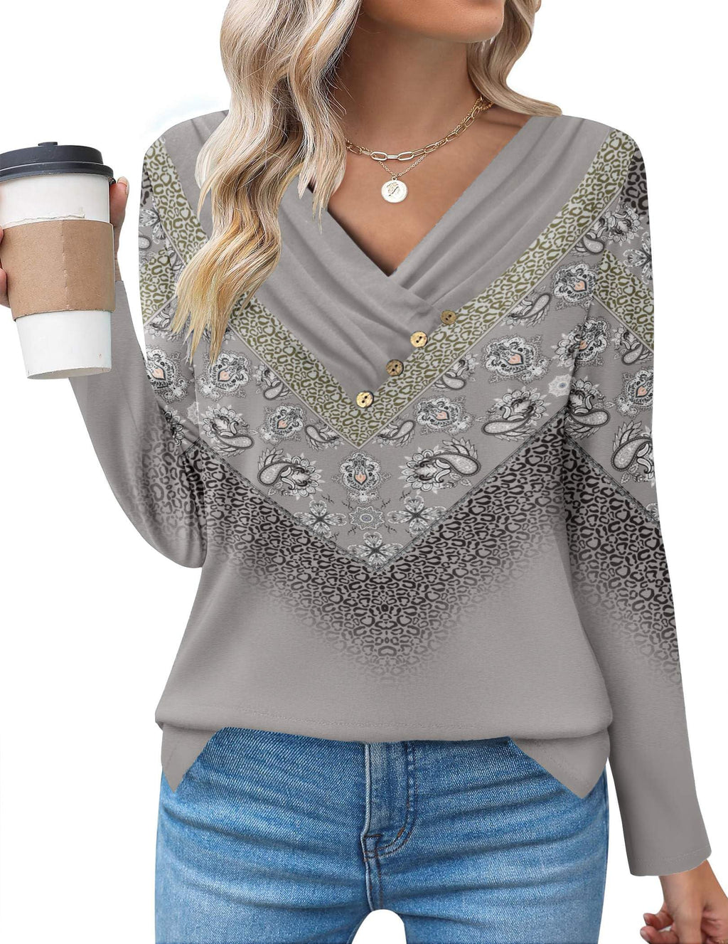 Zeagoo Women's Casual Tunic Tops Long Sleeve Shirts for Leggings V Neck Button Fall Pullover Blouse Loose Sweatshirts