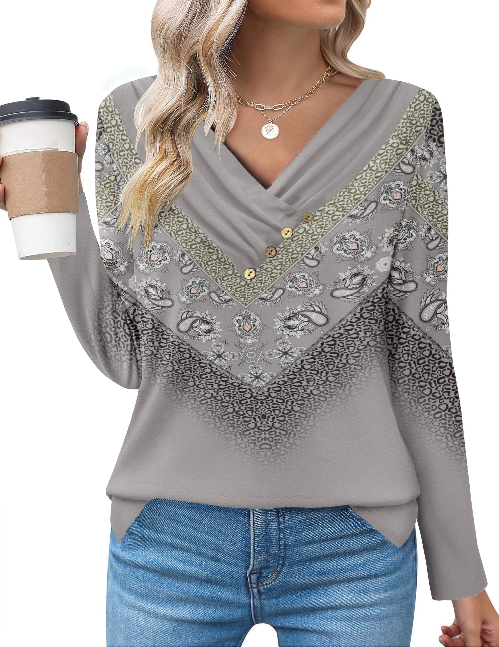 Zeagoo Women's Casual Tunic Tops Long Sleeve Shirts for Leggings V Neck Button Fall Pullover Blouse Loose Sweatshirts