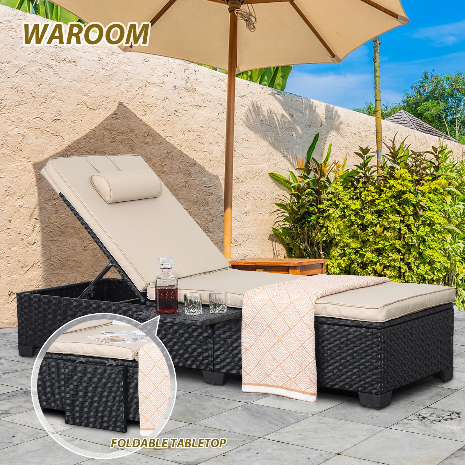 WAROOM Outdoor Chaise Lounge Chairs for Outside Patio Furniture Set of 2 Wicker Recliner Black Rattan Sunbathing Lounger Adjustable Backrest Pool Reclining Chair, Navy Blue Cushion