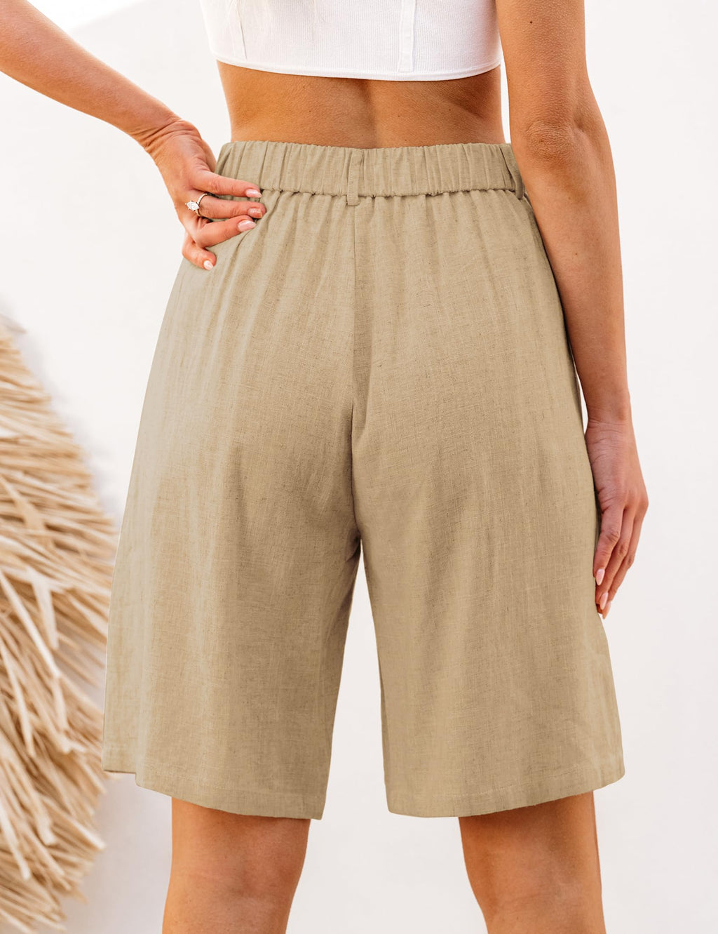 luvamia Bermuda Shorts for Women High Waisted Linen Dressy Casual Pleated Wide Leg Summer Shorts with Elastic Waist