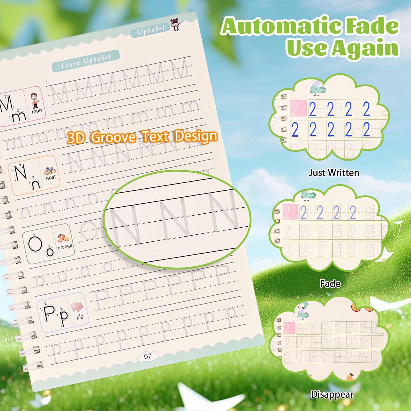 AALGO Large Magic Grooved Writing Practice Books- Reusable Handwriting Practice for Kids 8-10 - Preschool Workbook- Letter Tracing for Kids Ages 3-5