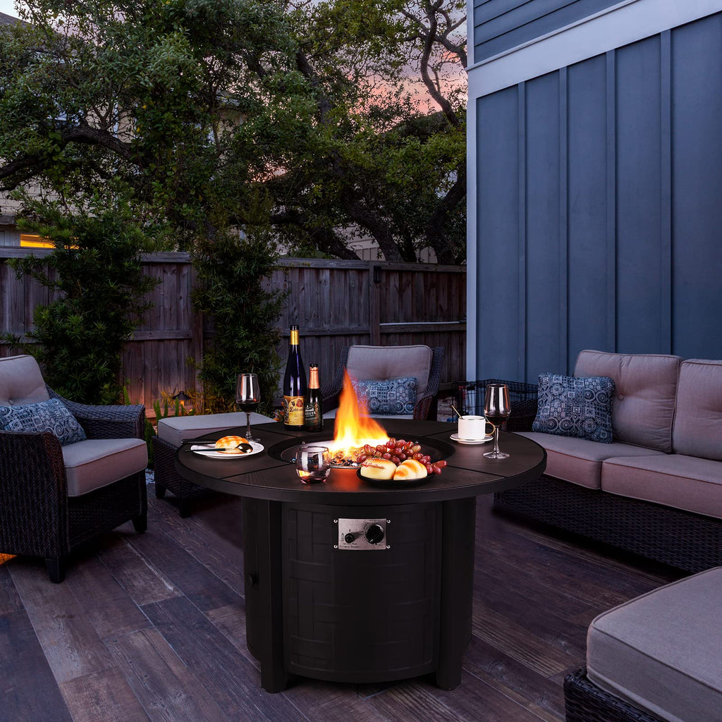 TLGREEN Propane Fire Pit Table 30 Inch Round – 50,000 BTU Outdoor Fire Pit with Lid, Converts to Patio Coffee Table, Certified, Includes Waterproof Cover & Blue Fire Glass(Grey)