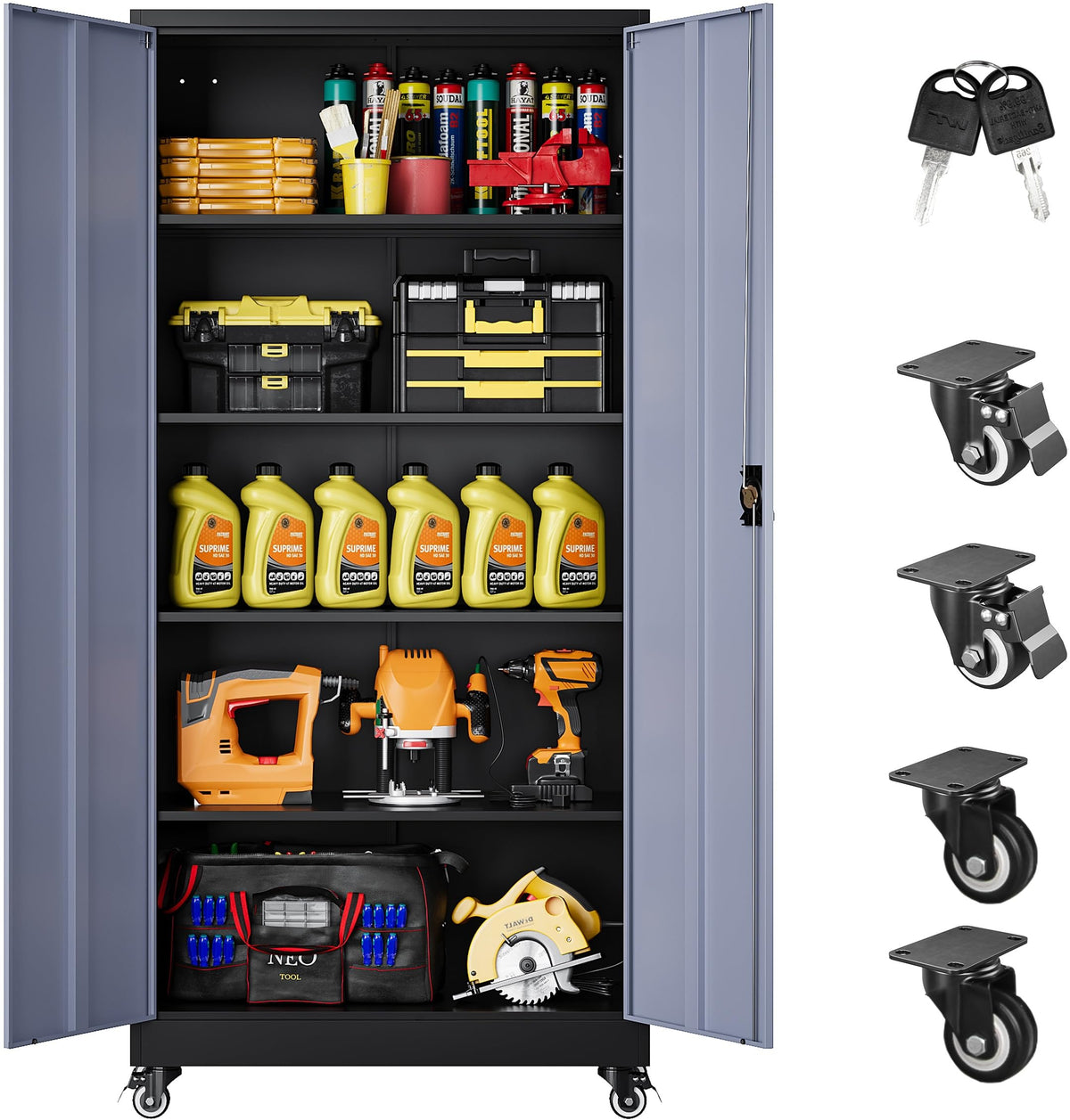 SISESOL Wide & Deep Metal Storage Cabinet with Wheels,Tall Rolling Garage Storage Cabinet with Lock,Black Metal Cabinets with Pegboards and Shelves,Tool Locker for Garage,Home,Office,43''Wx 20''Dx71"H