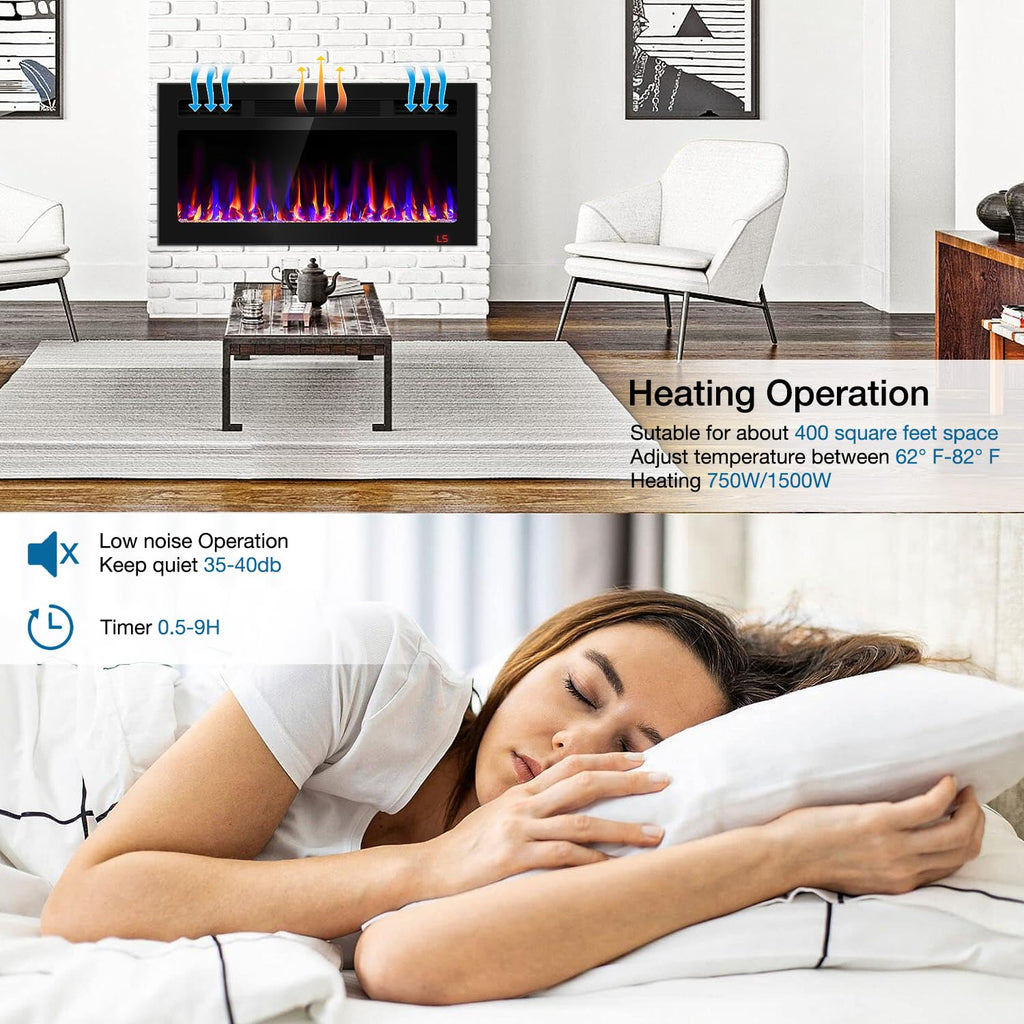 31 Inch Electric Fireplace Recessed and Wall Mounted, Fireplace Heater and Linear Fireplace, Ultra-Thin Electric Fireplace, Low Noise, with Timer, Remote Control, Adjustable 12 Flame Color, 750/1500W