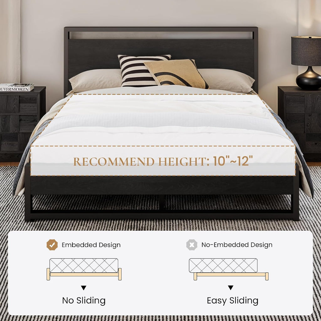 SHA CERLIN Full Size Bed Frame with Wooden Headboard,Heavy Duty Metal Slats Support Platform,No Box Spring Needed,Modern Black