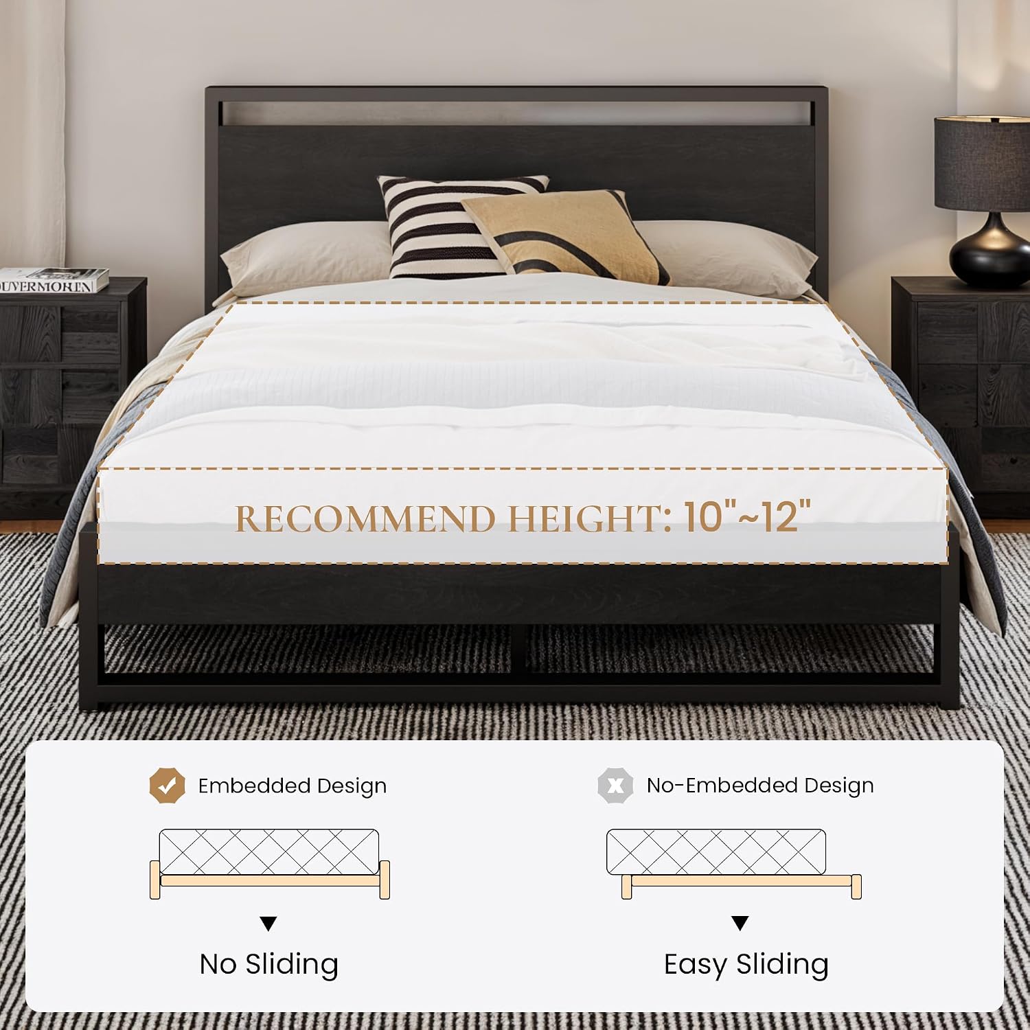 SHA CERLIN Full Size Bed Frame with Wooden Headboard,Heavy Duty Metal Slats Support Platform,No Box Spring Needed,Modern Black