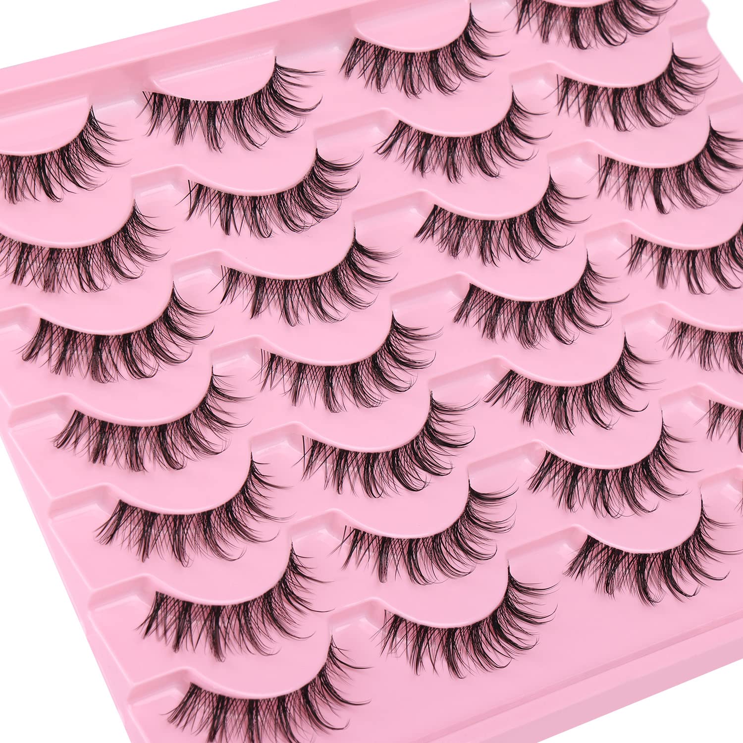 False Lashes Natural Look Wispy Eyelashes Manga Korean Spiky 16mm Short Faux Mink Eyelashes Cat Eye Natural Fake Eyelashes Strip Lashes Pack 14 Pairs