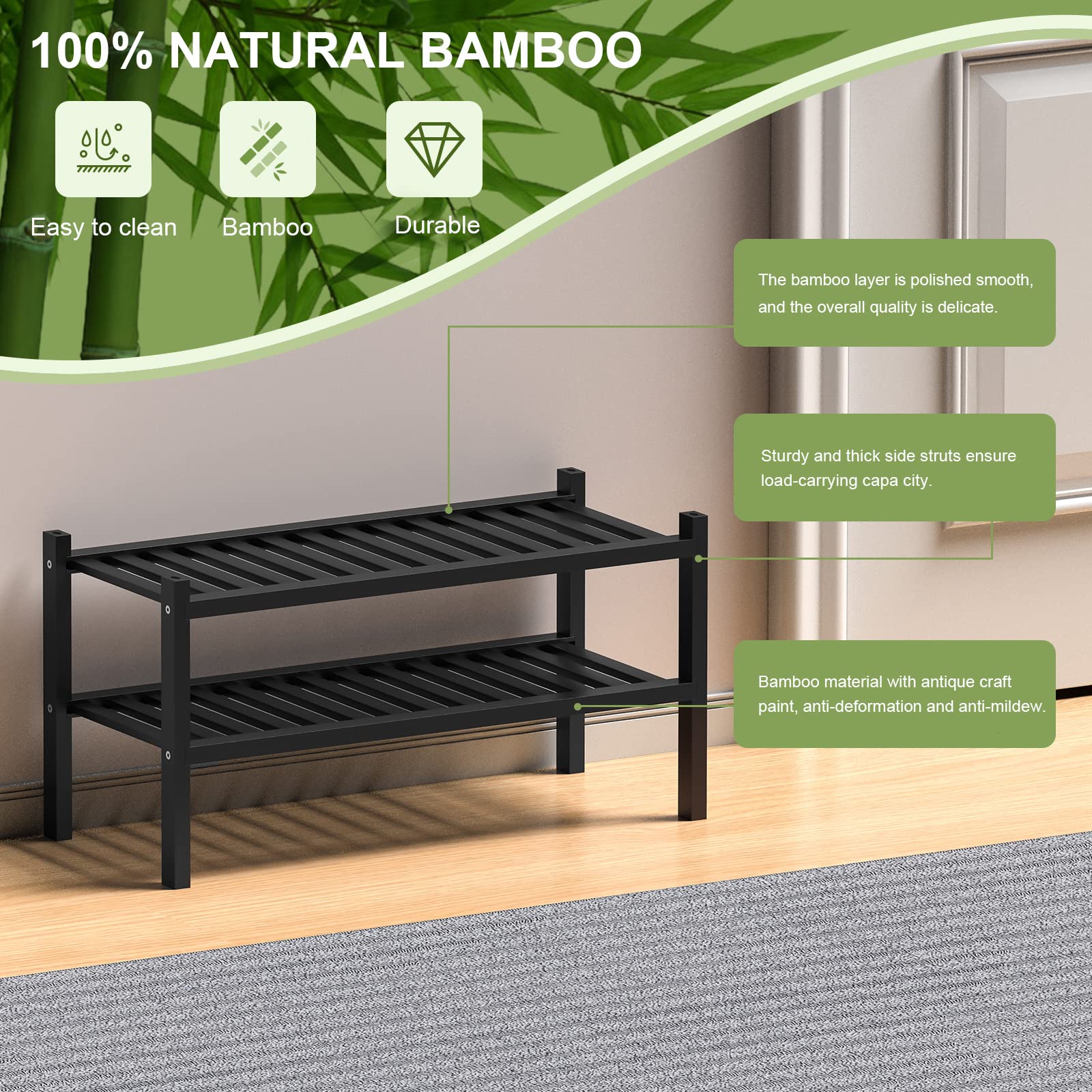 ROMGUAR CRAFT 2-Tier Bamboo Long Shoe Rack, Free Standing Wood Shoe Shelf Storage Organizer for Closet Entryway Stackable 35"x11"x13" (Black)