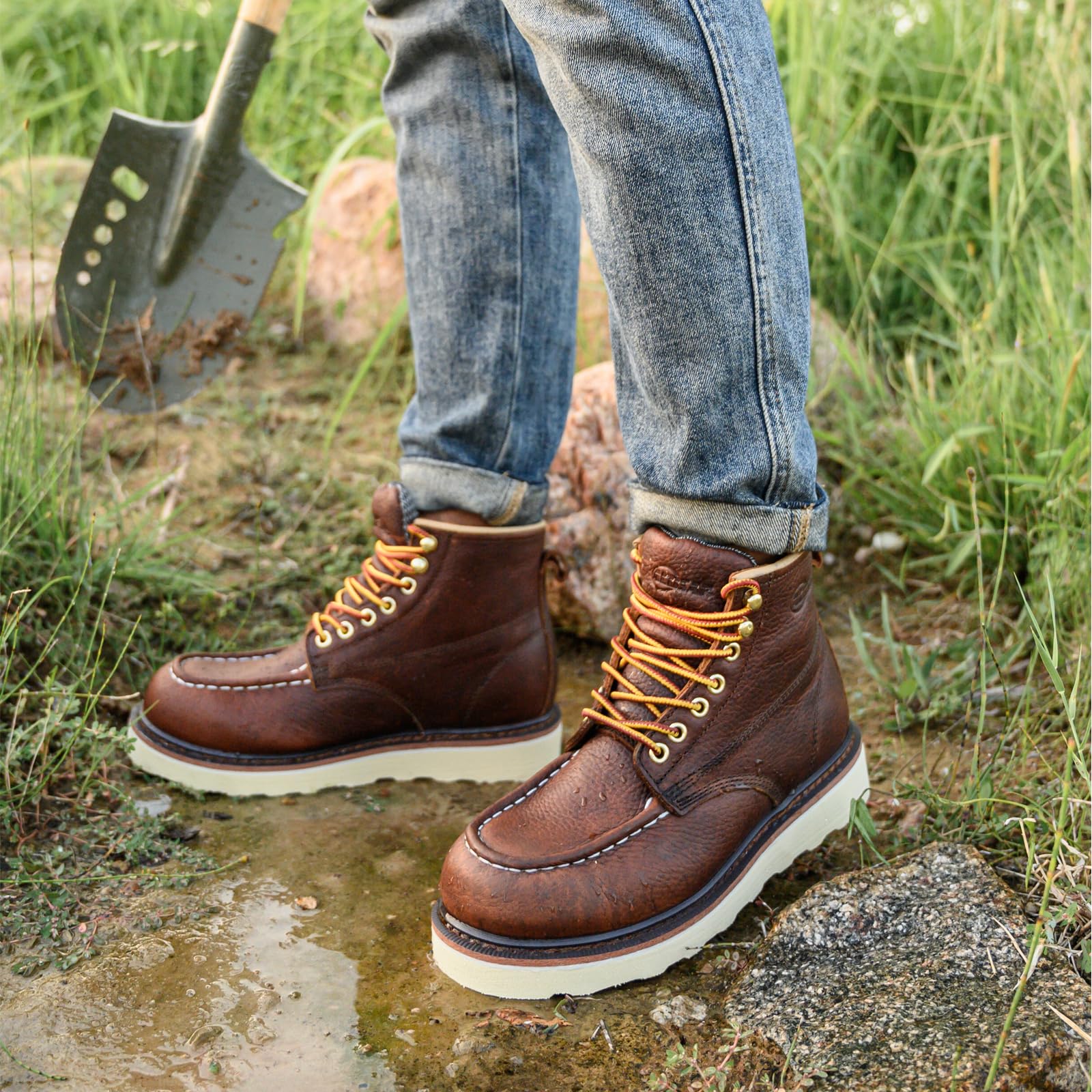 Work Boots for Men - 6 Inch Wedge Soft Toe Mens Work Boots, Waterproof Construction Work Shoes