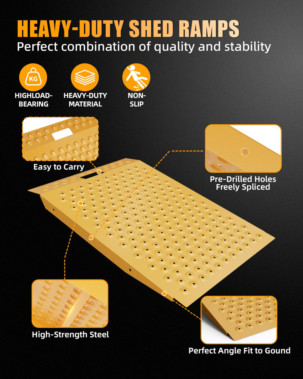 VNN 29" x 24" Shed Ramp for Riding Mower - 750 LB Capacity Shed Ramps, Anti-Slip Punch Plate Ramp for ATV, Motorcycles, Garages & Barns (1PC,Black, Alloy)