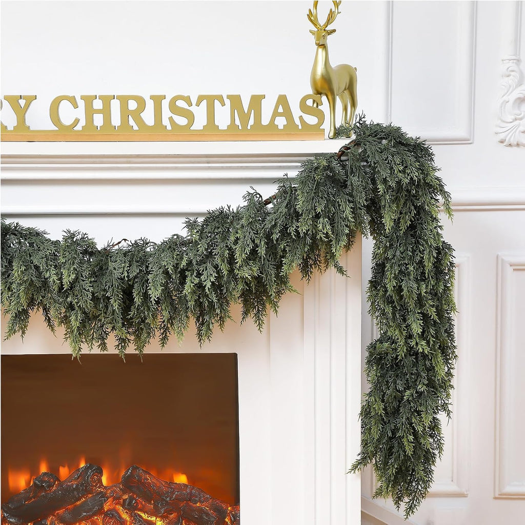Waydress 1 Pcs 6 Feet Christmas Cedar Garland - Thick & Lush Realistic Artificial Green Faux Cedar Pine Needles Garland for Christmas Winter Home Mantel Fireplace Holiday Party Decor