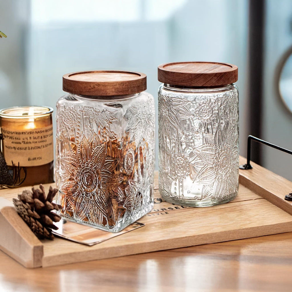 Custde Glass Storage Jars With Airtight Lid, 23.7oz Container For Kitchen Counter with Wooden Lid, brown sugar, candy, coffee, cookie, salt, tea, cute Jar (35oz Large Begonia Flowers)