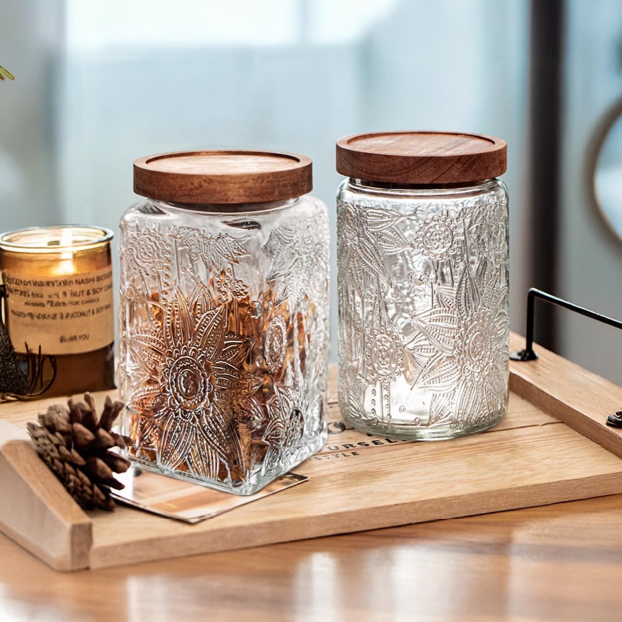 Custde Glass Storage Jars With Airtight Lid, 23.7oz Container For Kitchen Counter with Wooden Lid, brown sugar, candy, coffee, cookie, salt, tea, cute Jar (35oz Large Begonia Flowers)