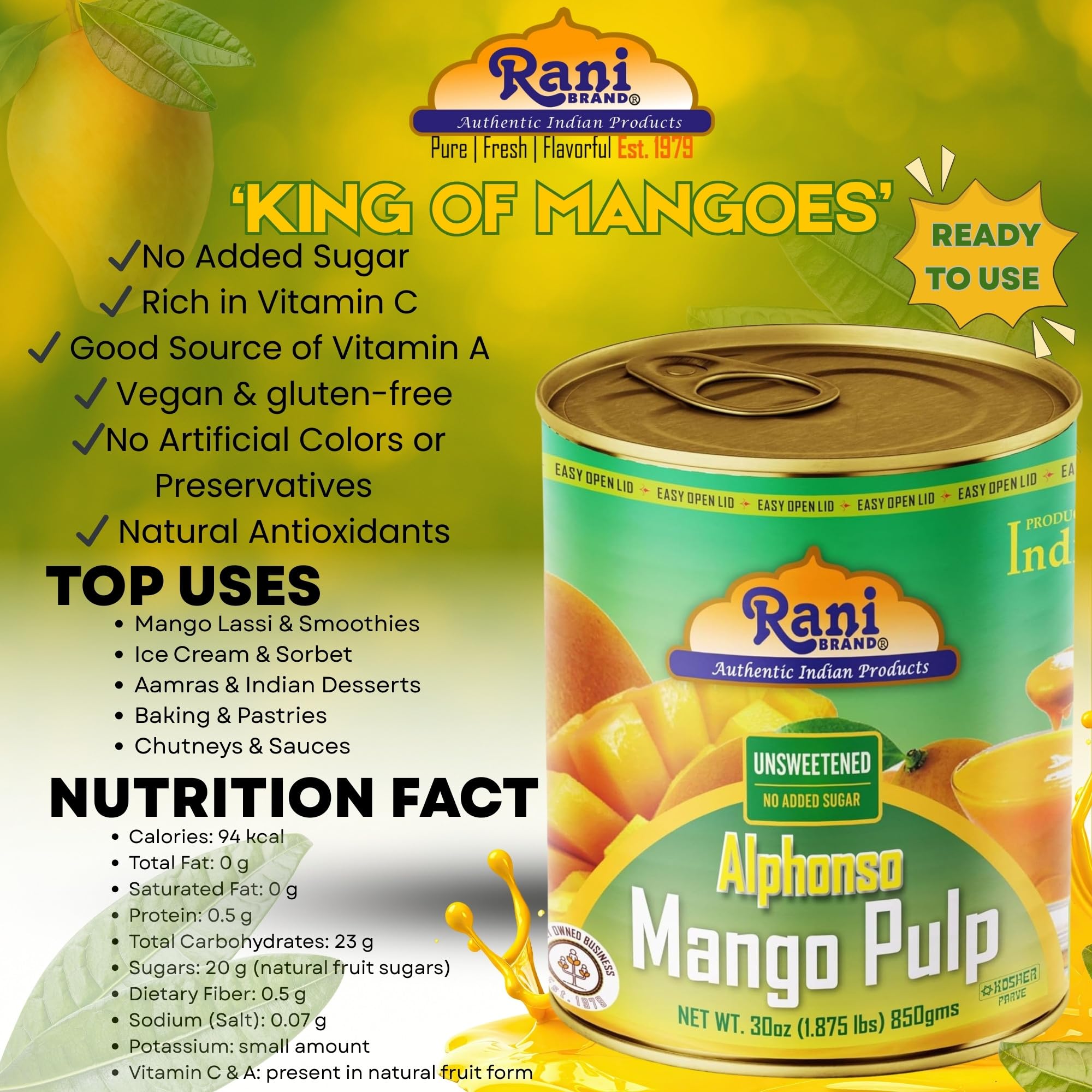 Rani Mango Pulp Puree (Makes Mango Lassi Shakes) Alphonso Sweetened 30oz (1.875lbs) 850g ~ Kosher | All Natural | NON-GMO | Vegan | No colors | Gluten Friendly | Indian Origin
