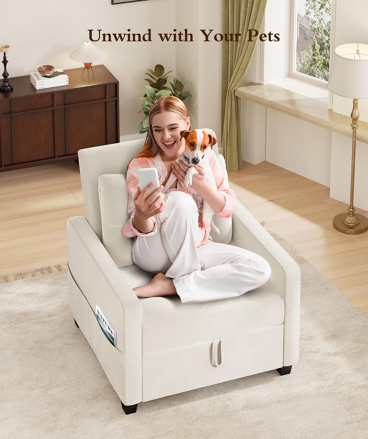 Sleeper Sofa Chair, 3 in 1 Convertible Sleeper Chair with Adjustable Backrest, 32" Pull Out Couch Bed 400lbs Support, Comfy Velvet Small Sofa Bed for Small Space with Pillow & 2 Pockets, Beige