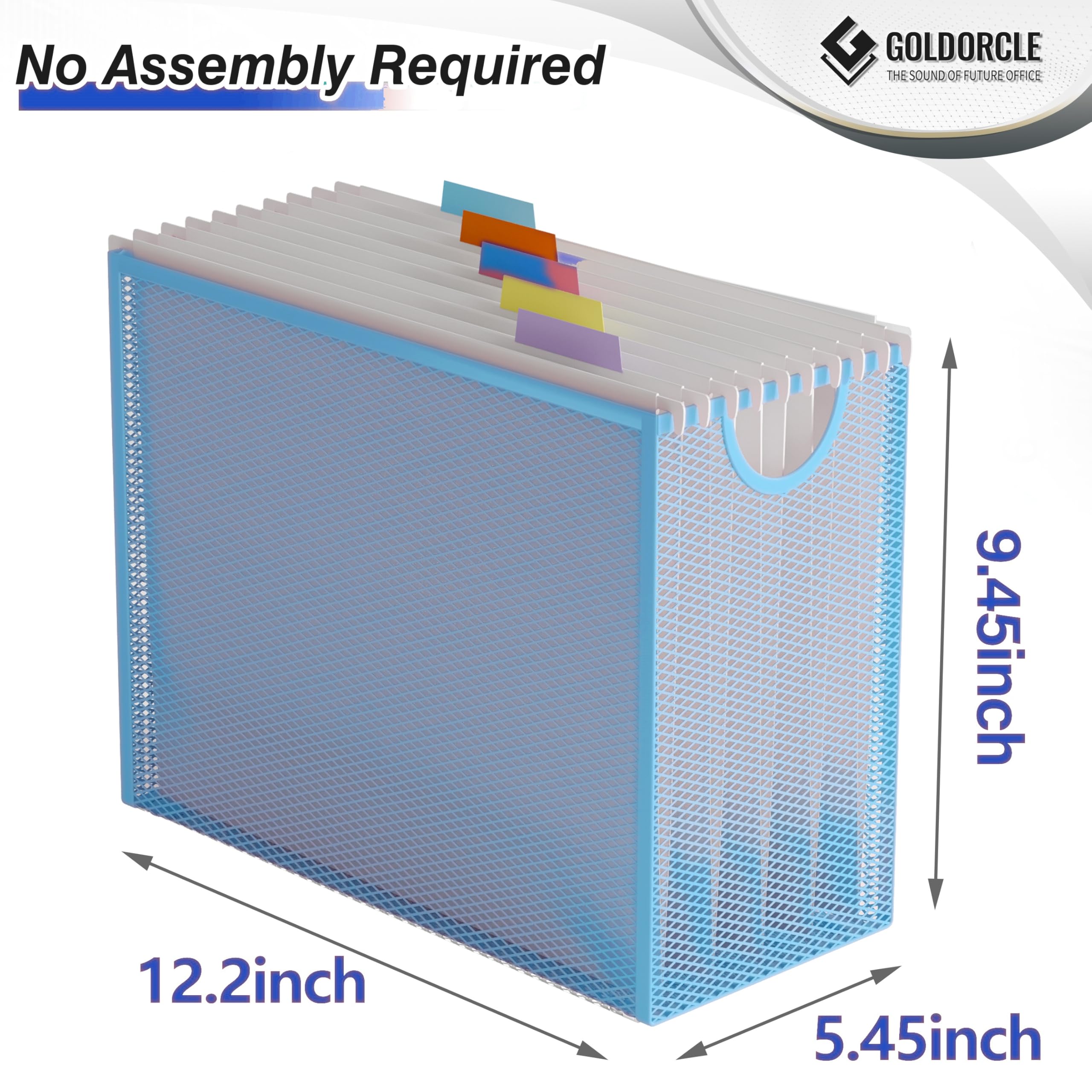 Hanging File Organizer, Letter-Size File Holder Filing Box with 5 Hanging Folders, Metal Mesh Desk File Folder Storage(No Assembly Required) (Blue, with 5 Grey Folders)