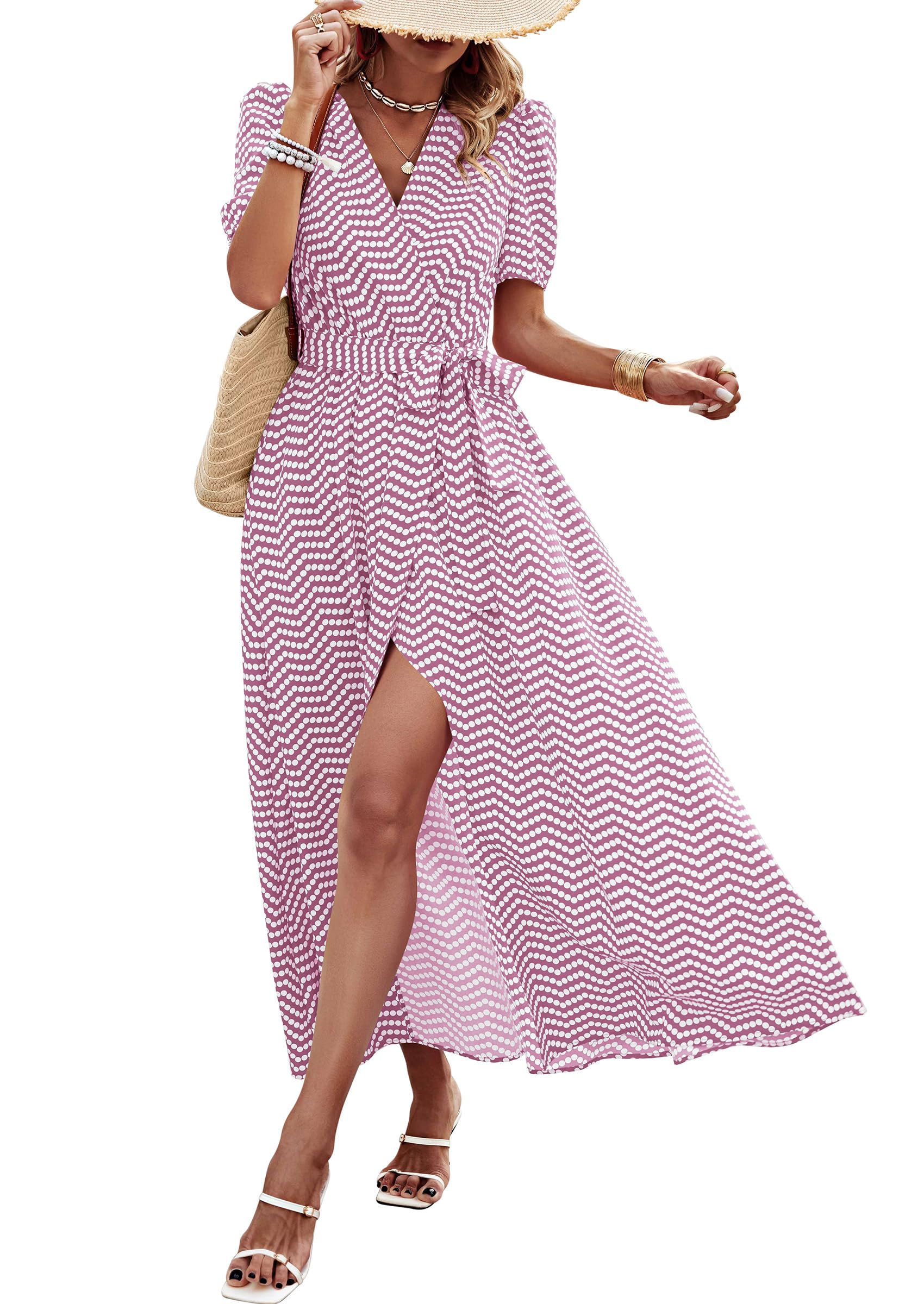 PRETTYGARDEN Women's Boho Floral Maxi Dress Summer Short Sleeve Wrap V Neck Long Flowy Beach Vacation Wedding Guest Dresses