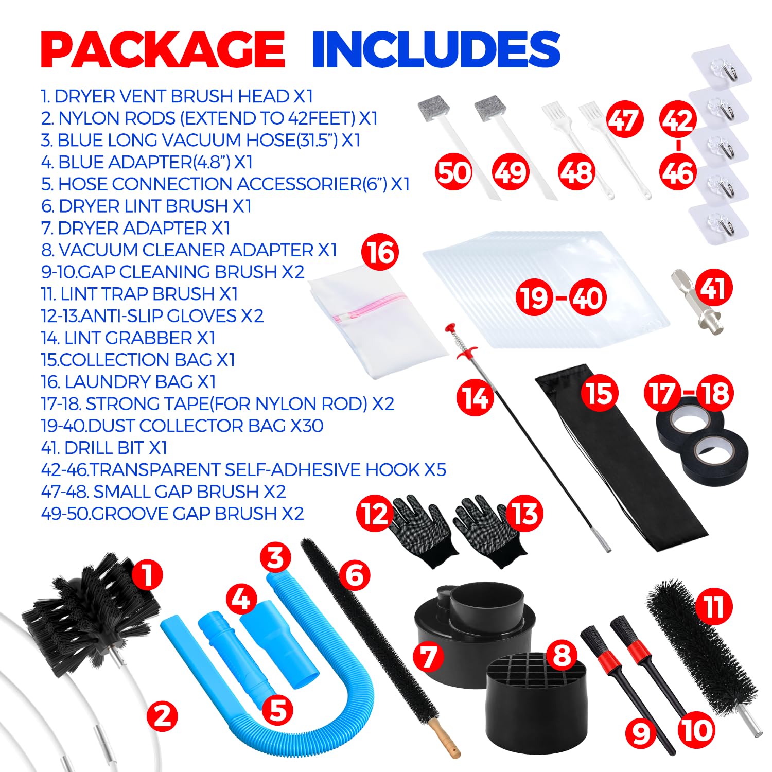 Holikme Dryer Vent Cleaner Kit, Include 30Feet Dryer Vent Cleaning Brush, Dryer Lint Vacuum Attachment, Lint Brush & Dryer Adapters, Blue
