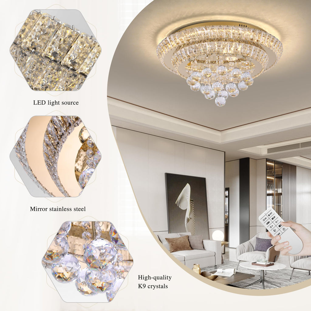 COCOSTAR 20" Gold Crystal Chandeliers, Flush Mount Chandelier LED Ceiling Light, Modern Crystal Raindrop Chandeliers for Dining Room, Living Room, Bedroom