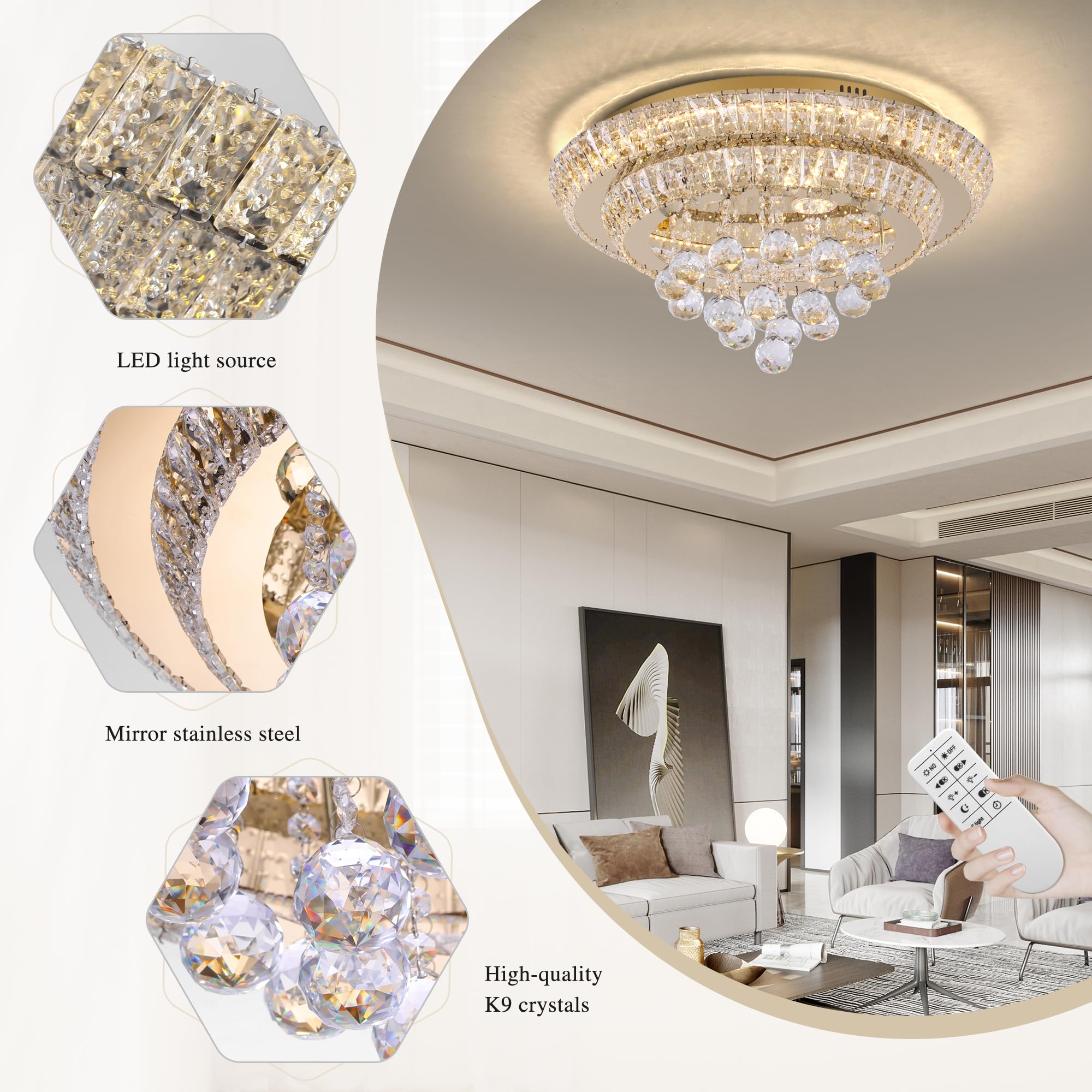 COCOSTAR 20" Gold Crystal Chandeliers, Flush Mount Chandelier LED Ceiling Light, Modern Crystal Raindrop Chandeliers for Dining Room, Living Room, Bedroom