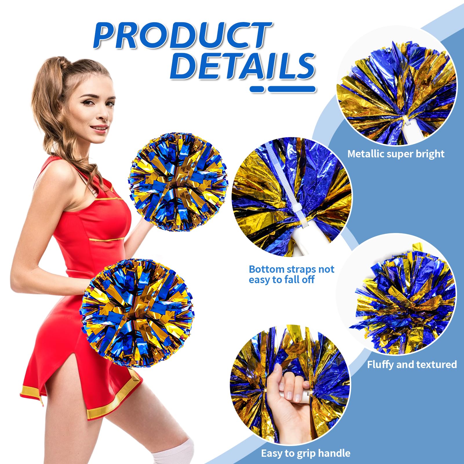 4Pcs Metallic Cheerleading Pom Poms, Creatiee 2 Pair Cheerleader Cheering Squad Pompoms for School Sports Dance Games Team Spirit Cheer
