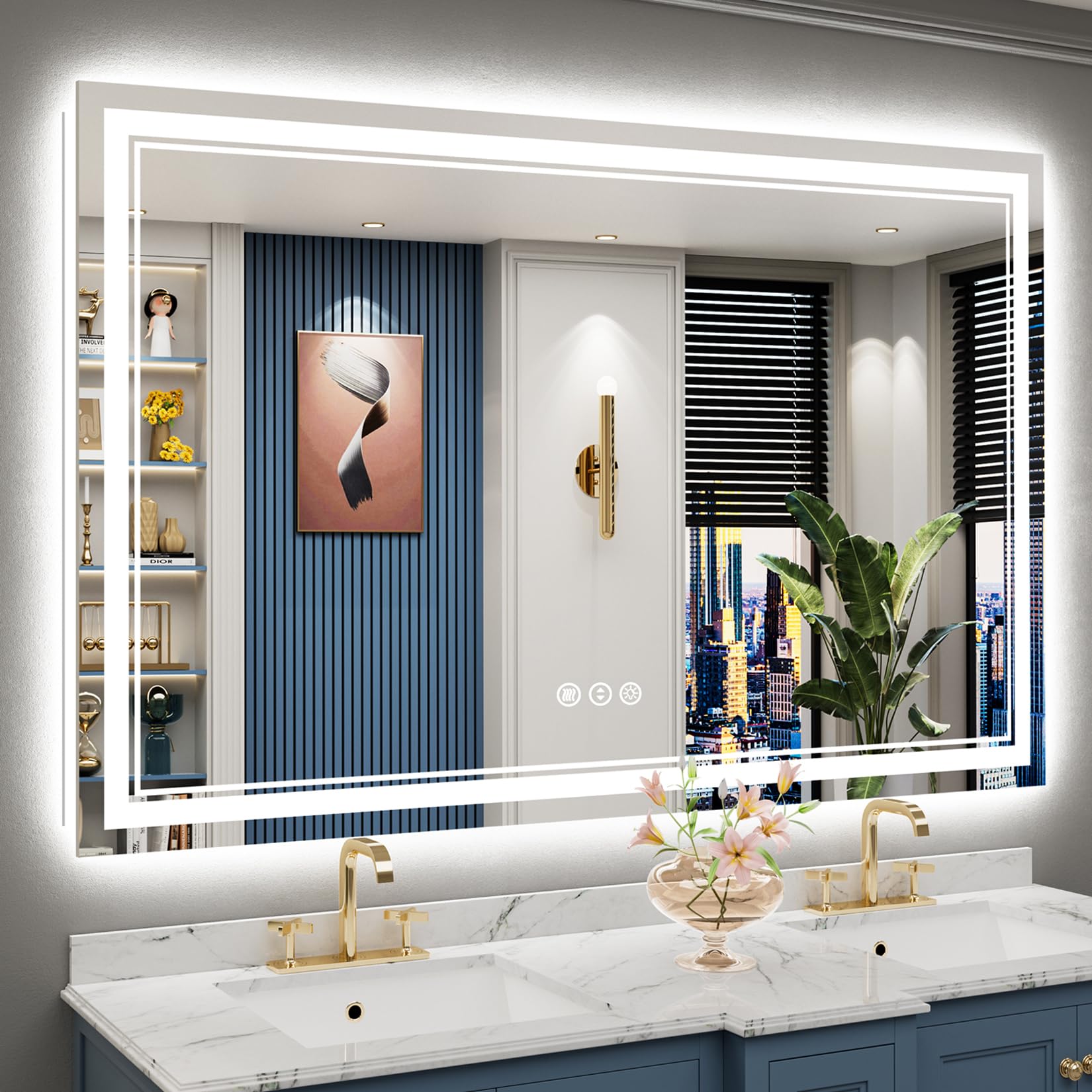 24x32 Black Framed LED Bathroom Mirror with Lights, Backlit and Front Lit Anti-Fog Lighted Vanity Mirrors for Bathroom Wall, Dimmable, 3 Colors, Memory, HD Tempered Glass, Horizontal/Vertical