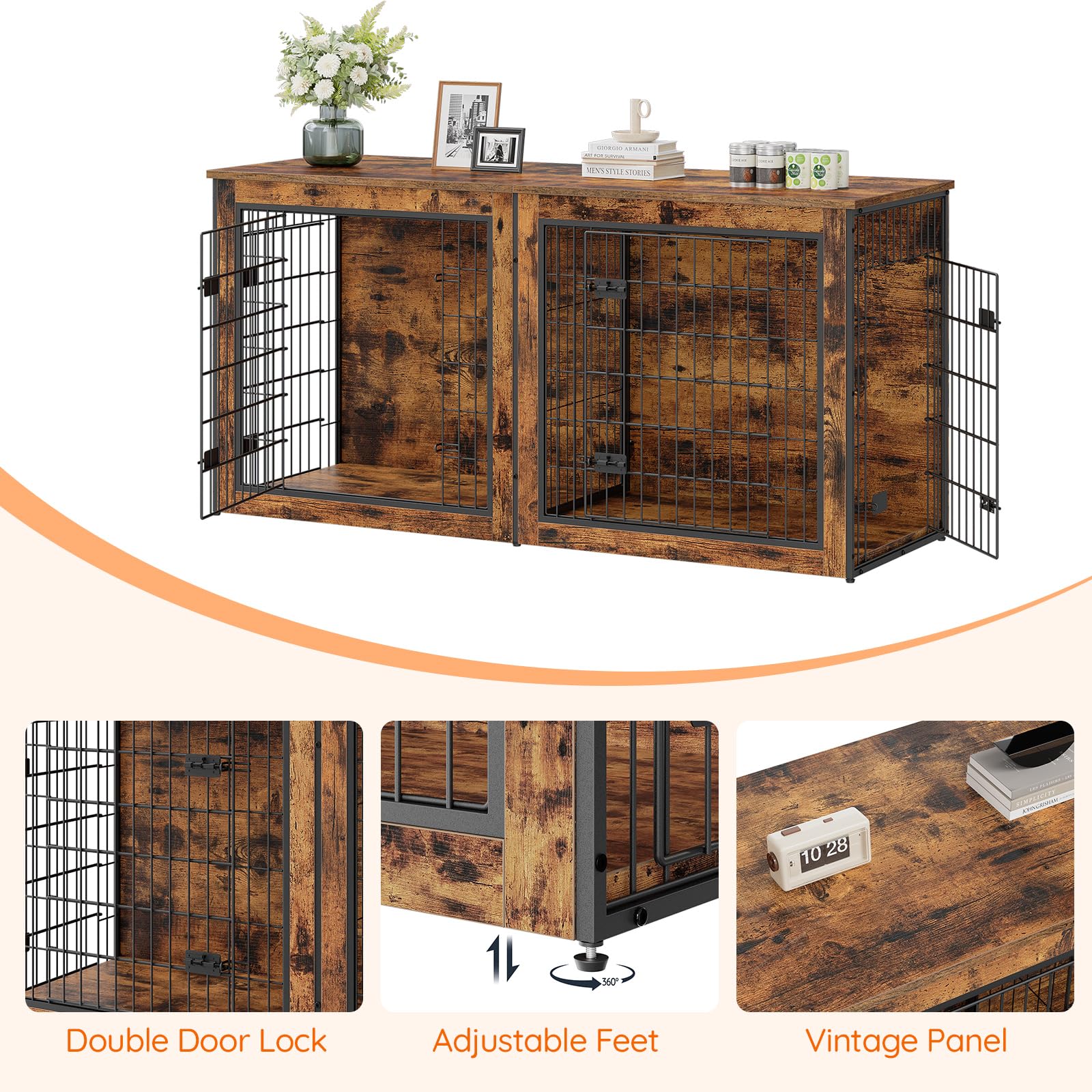 HOOBRO Dog Crate Furniture for 2 Dogs, 63" Large Double Dog Crate Furniture with Divider, Wooden Indoor Kennel TV Stand for Medium Large Dogs, Rustic Brown BF55GW03