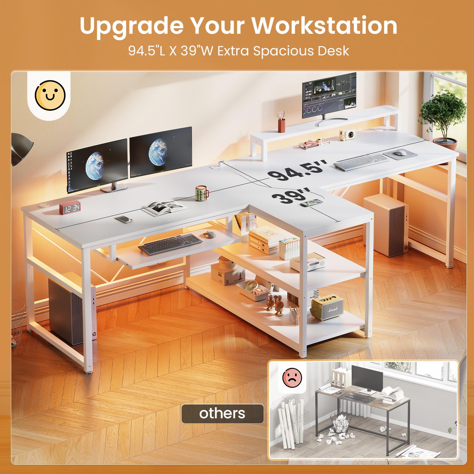 SEDETA 94.5" Office Computer Desk, 2 Person Gaming Desk with Storage, LED Lights, Keyboard Tray, Power Strip with USB & Monitor Stand, Long Two Person Desk for Home Office, Black