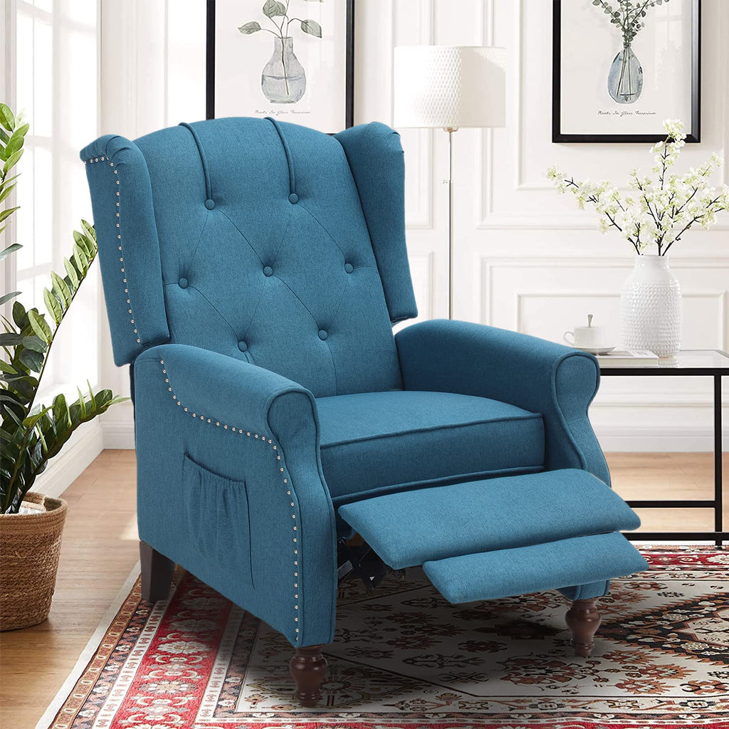 Wingback Chair with Massage and Heat, Tufted Fabric Pushback Recliner Chair, Wingback Recliner Chair with Remote Control, Padded Cushion, Wooden Legs, Small Recliners for Small Spaces