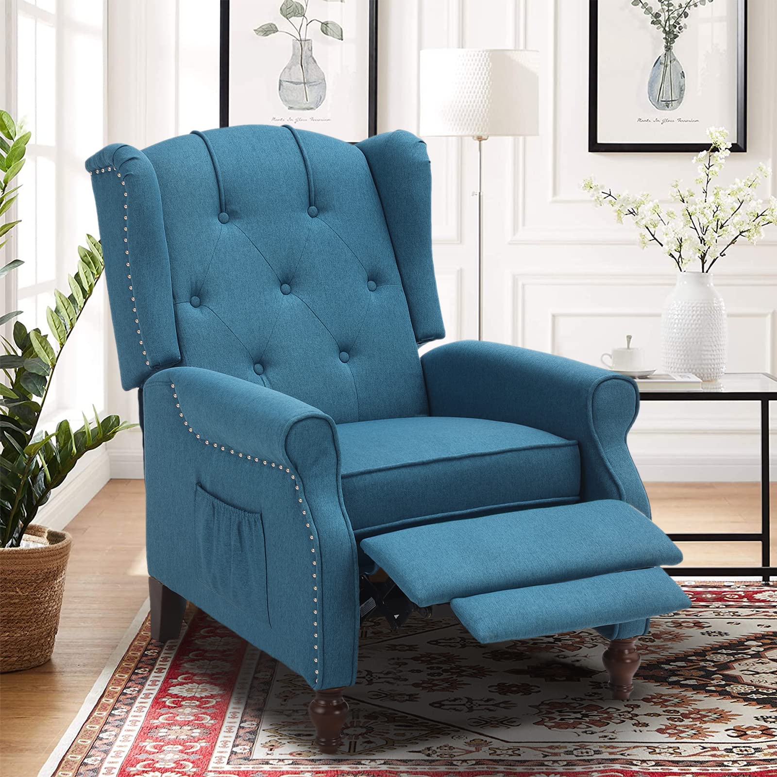 Wingback Chair with Massage and Heat, Tufted Fabric Pushback Recliner Chair, Wingback Recliner Chair with Remote Control, Padded Cushion, Wooden Legs, Small Recliners for Small Spaces