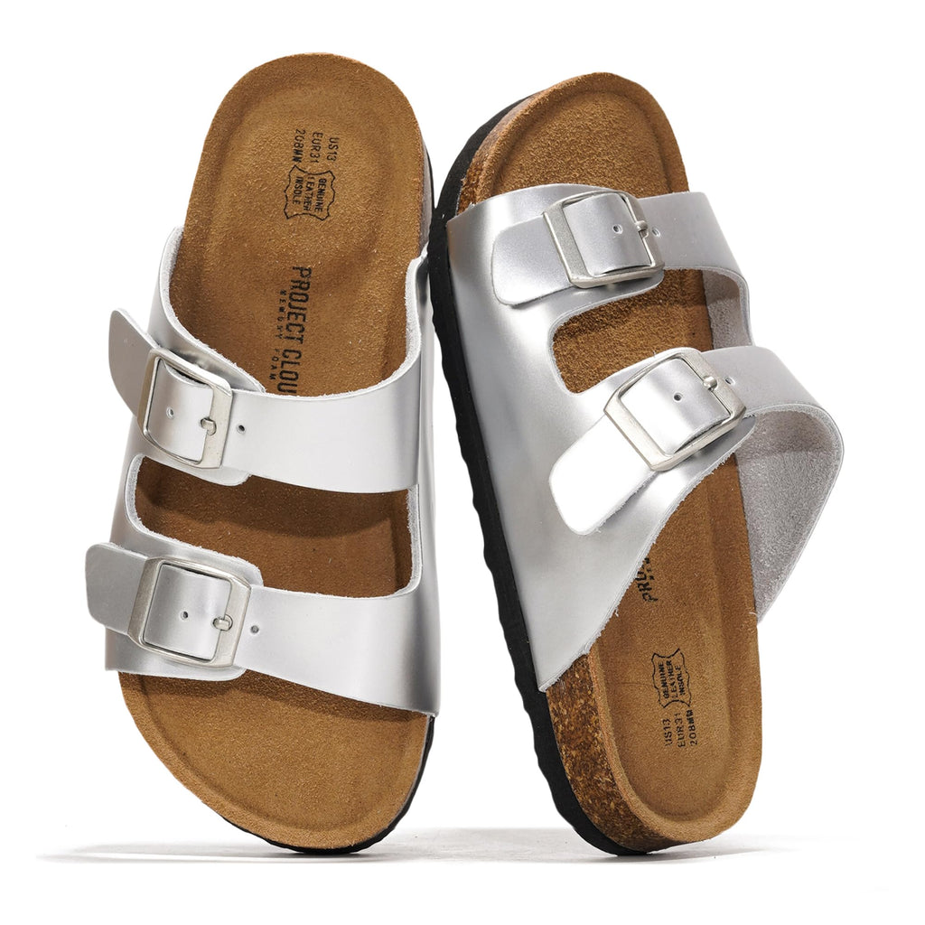 Project Cloud Kids Sandals 100% Genuine Leather - Natural Cork Footbed Non-Slip Slides for Kids - Lightweight Boys & Girls Sandals - Water-Resistant Girls & Boys Sandals