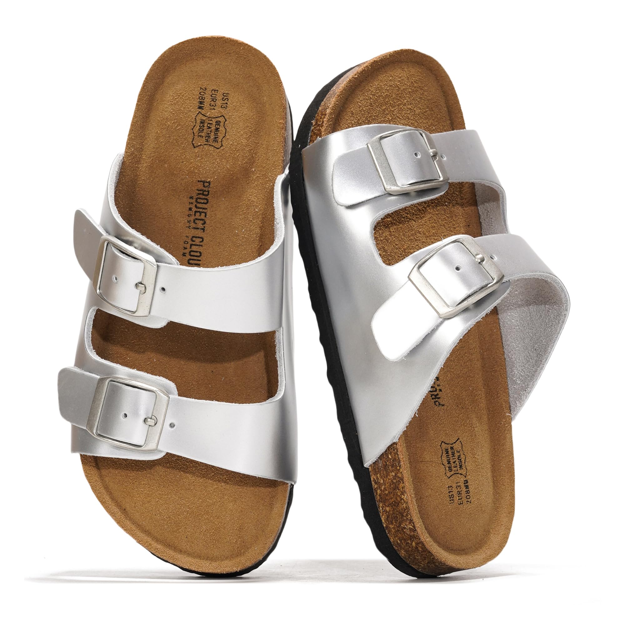 Project Cloud Kids Sandals 100% Genuine Leather - Natural Cork Footbed Non-Slip Slides for Kids - Lightweight Boys & Girls Sandals - Water-Resistant Girls & Boys Sandals