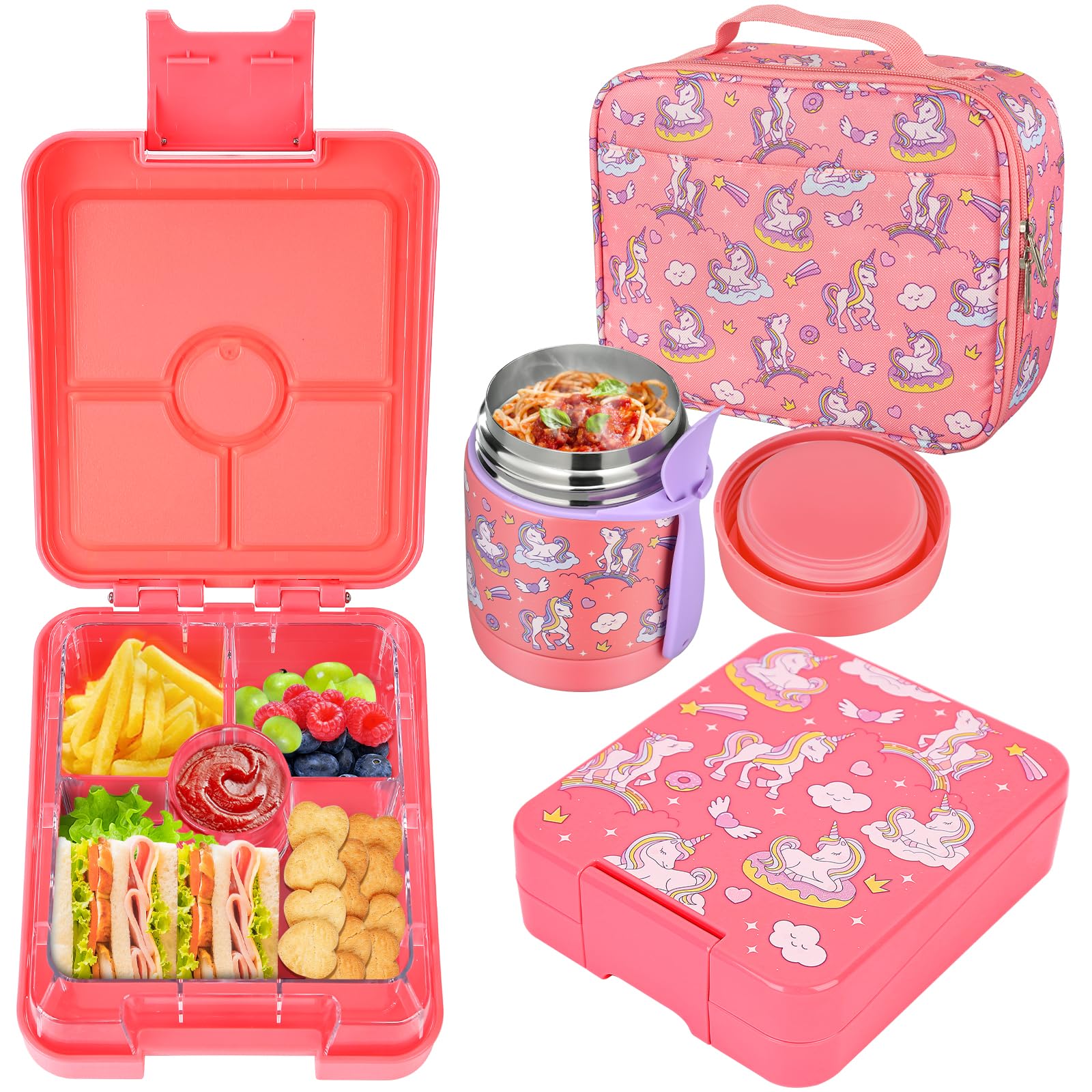 Bento Lunch Box Set for Kids with 10oz Soup Thermo, Leak-Proof Lunch Containers with 4 Compartment, Kids Thermo Hot Food Jar and Insulated Lunch Bag for Kid to School,BPA-Free(Basketball)