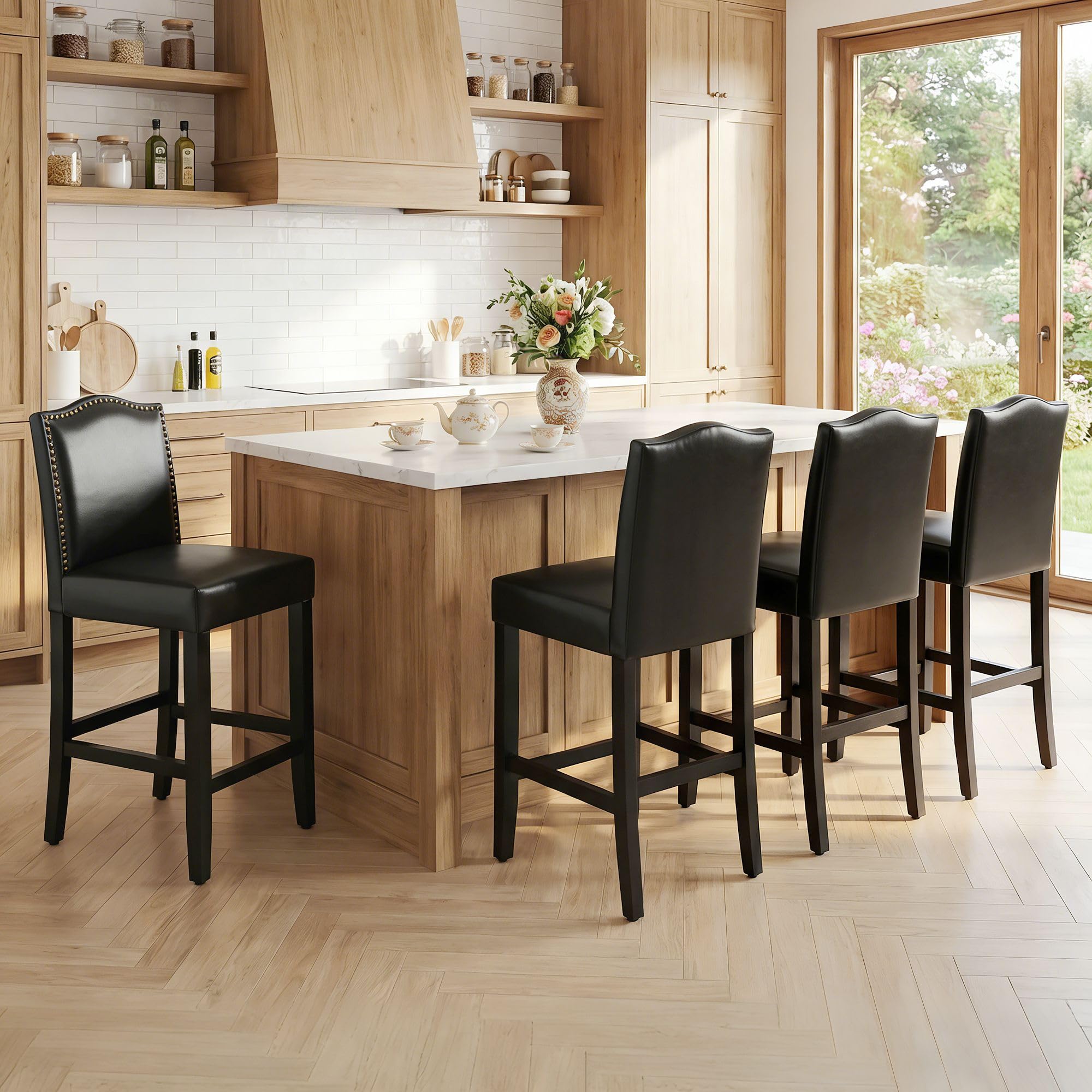 LSSPAID Counter Height Bar Stools Set of 2, 24.8 Inch Modern Upholstered Fabric Barstools, Kitchen Island Chairs with Bronze Nail Backrest and Solid Wood Legs for Kitchen Pub Home Cafe, Beige