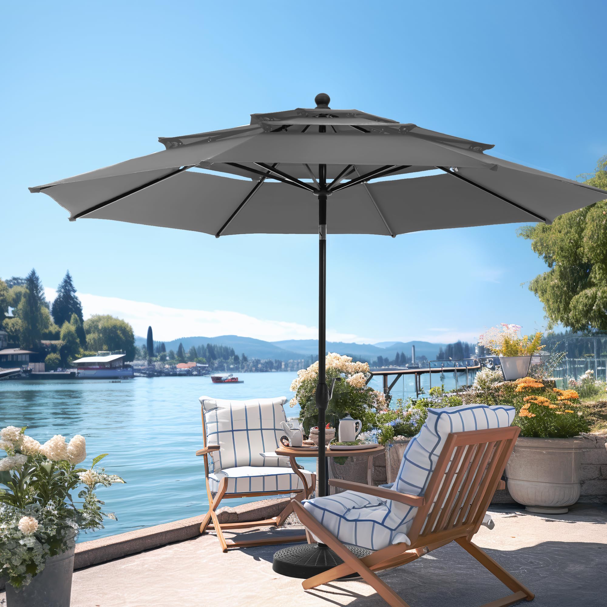 PHI VILLA 10ft Patio Umbrellas, Outdoor 3 Tier Vented Large Market Table Umbrella with 8 Sturdy Ribs and 1.5" Umbrellla Pole for Lawn Poolside Garden Terrace, Beige(No Base)